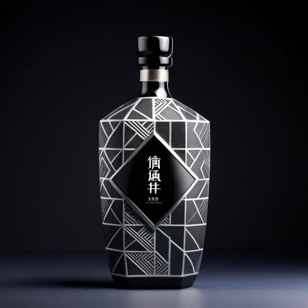 Chinese liquor packaging design, high end liquor, 500 ml ceramic bottle, photograph images, high details, silver  and black geometric texture, original bottle shape