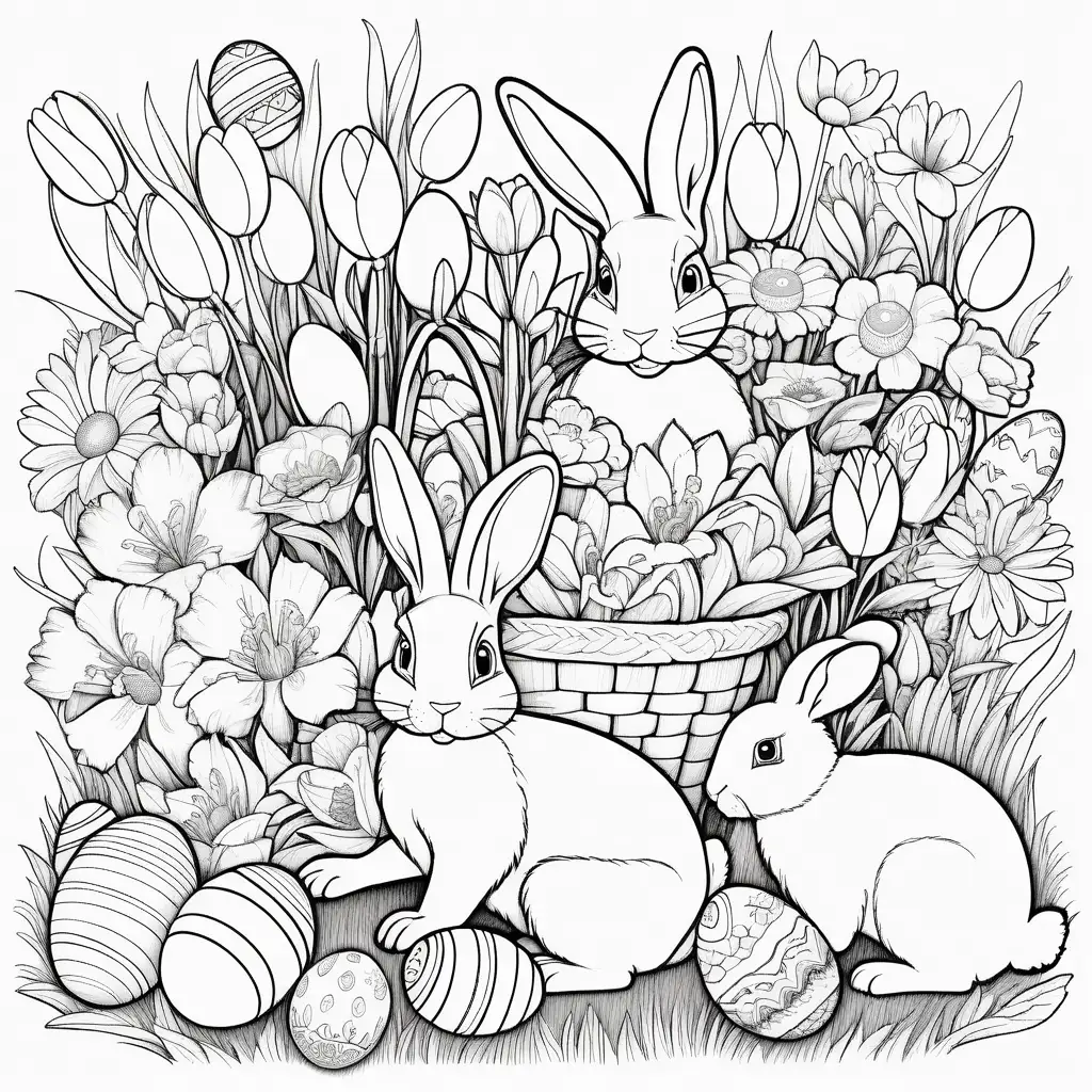 Coloring page Illustrate a bouquet made entirely of Easter eggs, surrounded by rabbits and a garden bursting with spring flowers.