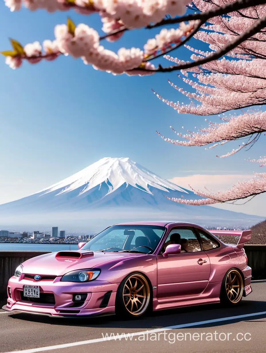 Japanese-Girl-Driving-Tuned-Subaru-Amid-Cherry-Blossoms-with-Mount-Fuji-View