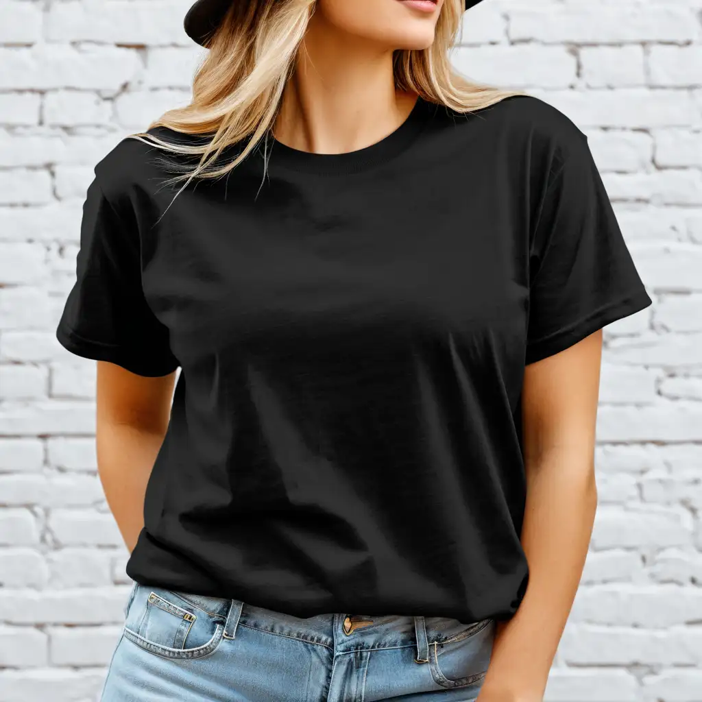 realistic blonde woman wearing bella canvas 3001 black color oversized t-shirt mockup, with hat, simple brick background