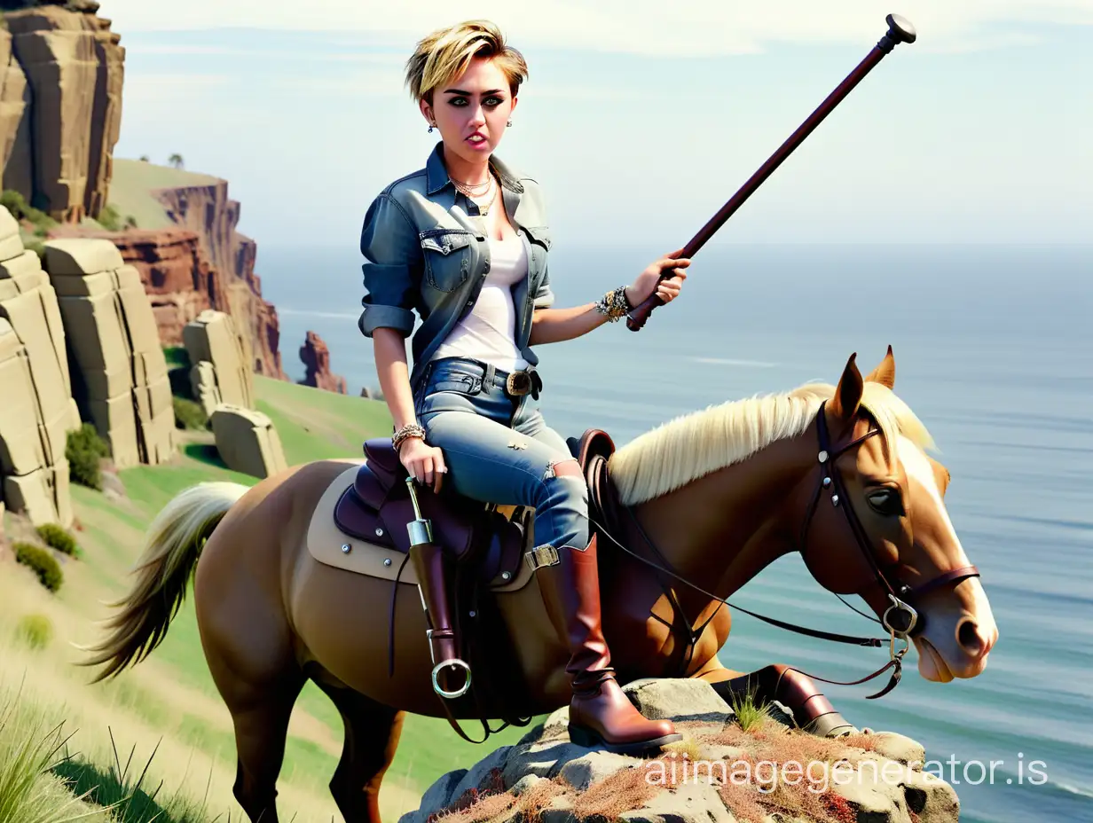 Miley Cyrus, short hair, jeans, boots, full body on horseback, riding crop in hand, atop cliff edge, grass and rocks abound, sea in the distance, confidence embodied in an arrogant expression, gaze locked with viewer.