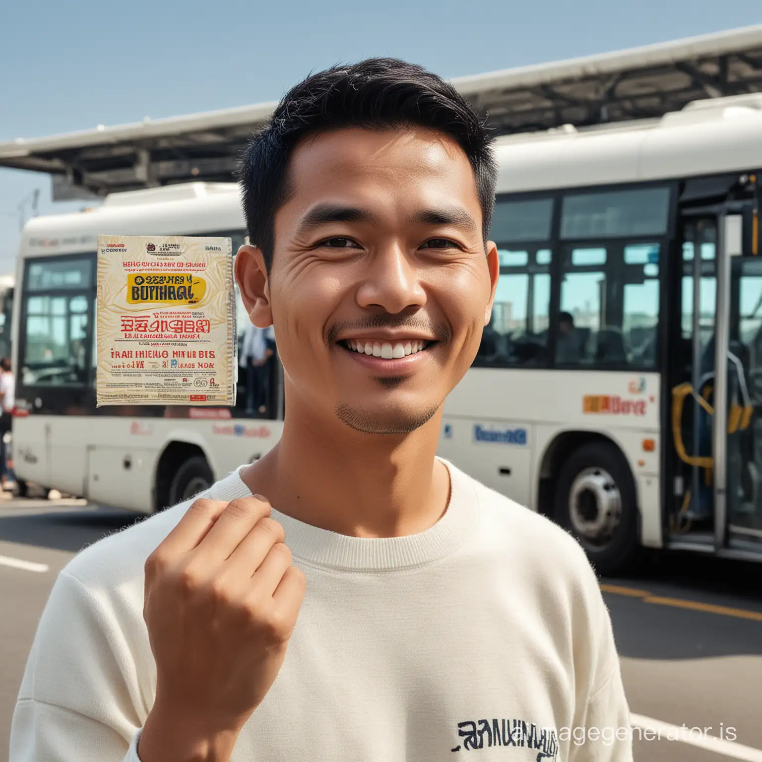 a 40 year old Indonesian man, clean face, short undercut black hair, wearing a white sweater that says "HALU HEALING" in 3D typography.  Standing at the terminal with your right hand holding the Indomie box, your left hand holding your cell phone to your ear as if you were making a call.  with a friendly face looking at the camera waiting for the bus to arrive.  background of rows of Primajasa buses and Budiman buses with a route board reading "BANDUNG-GARUT" and the busyness of the "LEUWI PANJANG" bus terminal in the city of Bandung.  There were other passengers who were also waiting.  sunny weather during the day with blue skies. Fullbody, aesthetic, cinematic.