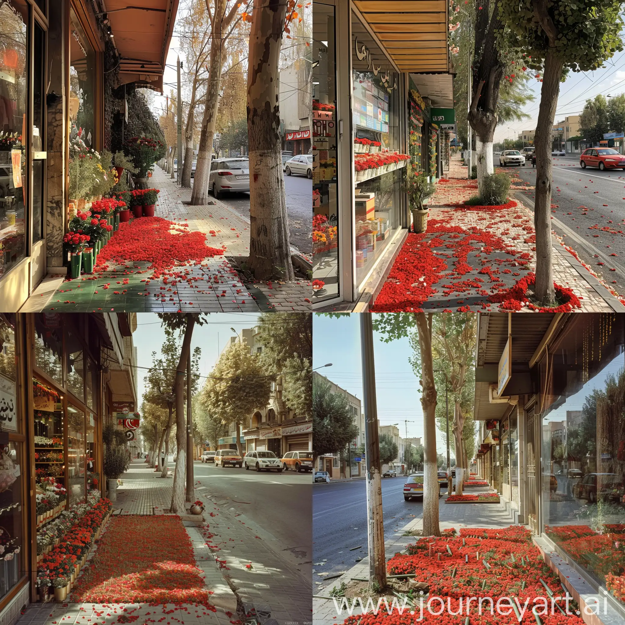 A flower shop on the side of a street in one of today's cities of Iran, where the distance from the shop to the street, which is the sidewalk, is full of red flowers and tiny flower leaves are poured on the ground and the floor is decorated. From this decoration, it is like a carpet of small flowers spread in the distance from the street to the shop. There is a tall tree every five to six meters on the sidewalk. We also have Iranian cars on the street like Samando Peugeot.