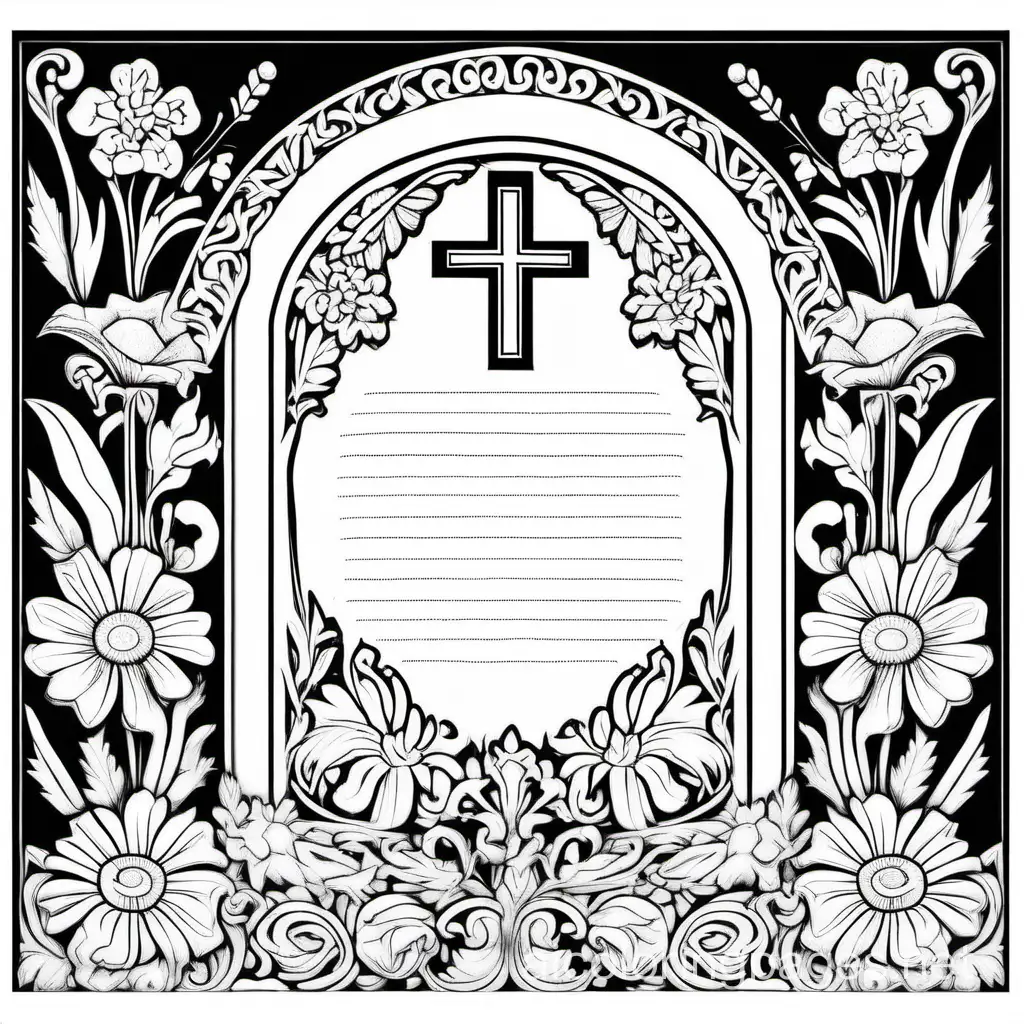 orthodox epitaph table decorating with flowers, Coloring Page, black and white, line art, white background, Simplicity, Ample White Space. The background of the coloring page is plain white to make it easy for young children to color within the lines. The outlines of all the subjects are easy to distinguish, making it simple for kids to color without too much difficulty