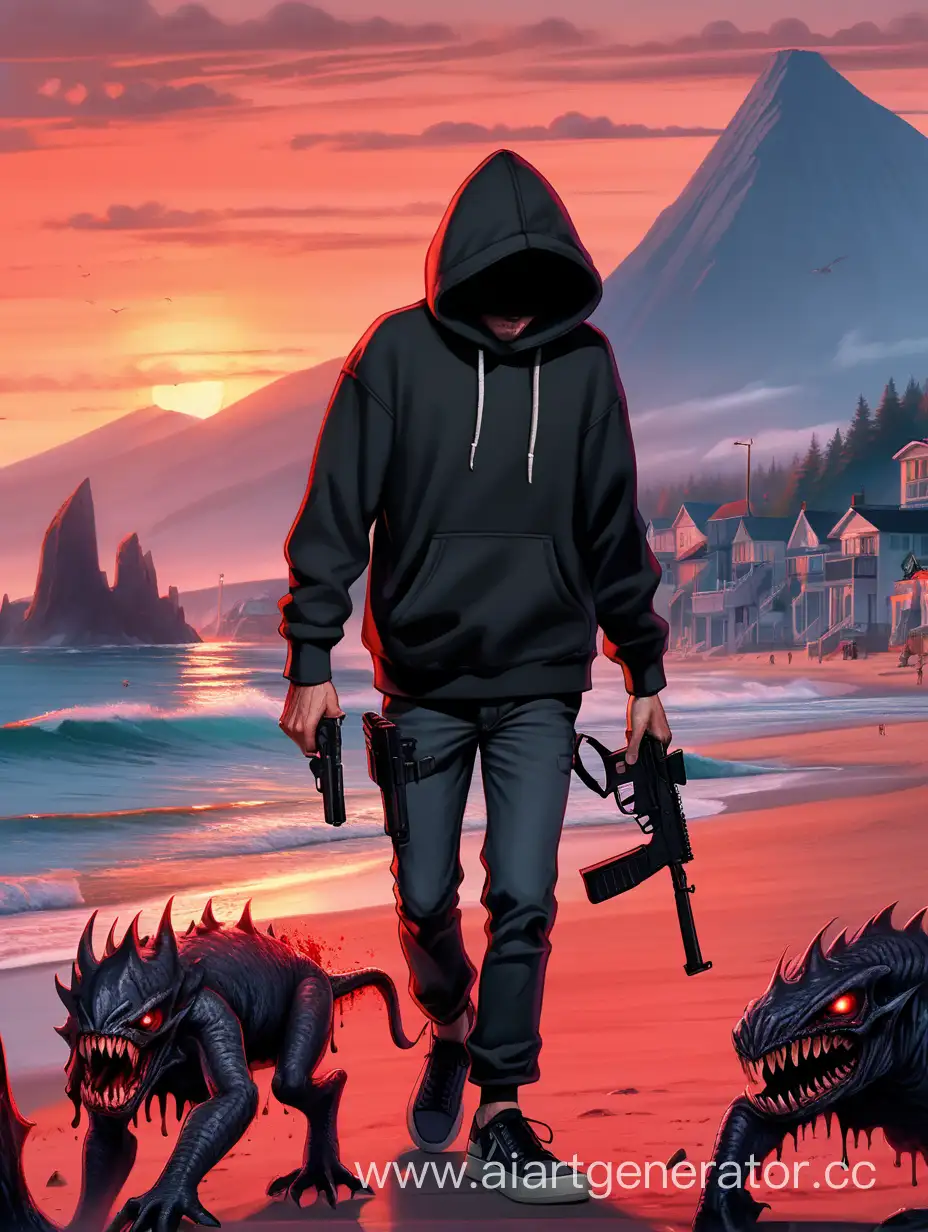 Man-with-Gun-Walking-Along-Seaside-at-Sunset-Amidst-Slain-Monsters