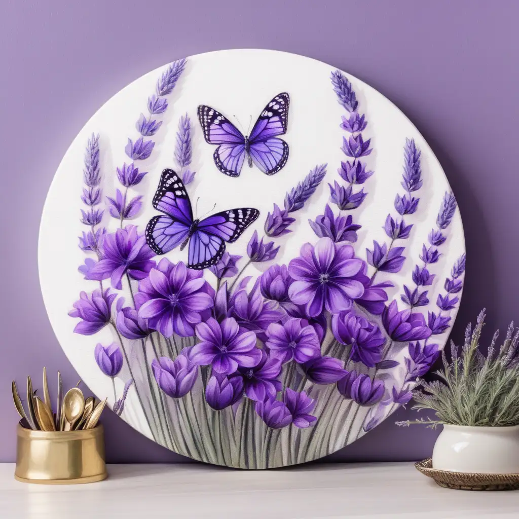 Round canvas, purple flowers, lavender sprigs, vibrant purple butterfly 