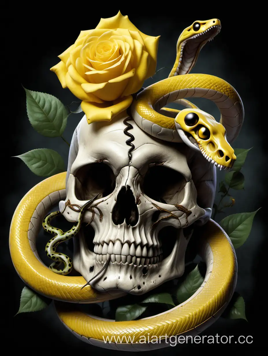 Eerie-Skull-with-Serpent-Emerging-from-Eye-Sockets-Holding-a-Yellow-Rose