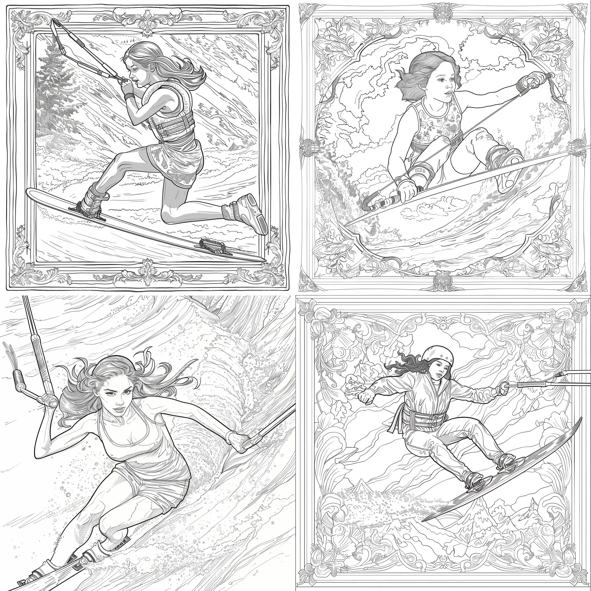 Coloring book page with a girl waterskiing, A:23, no frame, no background.