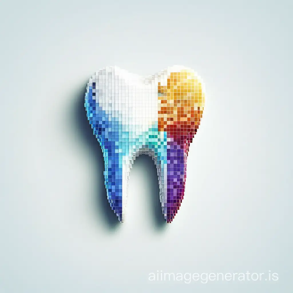 A tooth crafted from pixels, forming a unique and modern dentistry logo, each pixel meticulously designed to create a tooth shape, symbolizing innovation and technology in dental care, set against a clean, white background, emphasizing the digital aspect, Graphic design, digital illustration