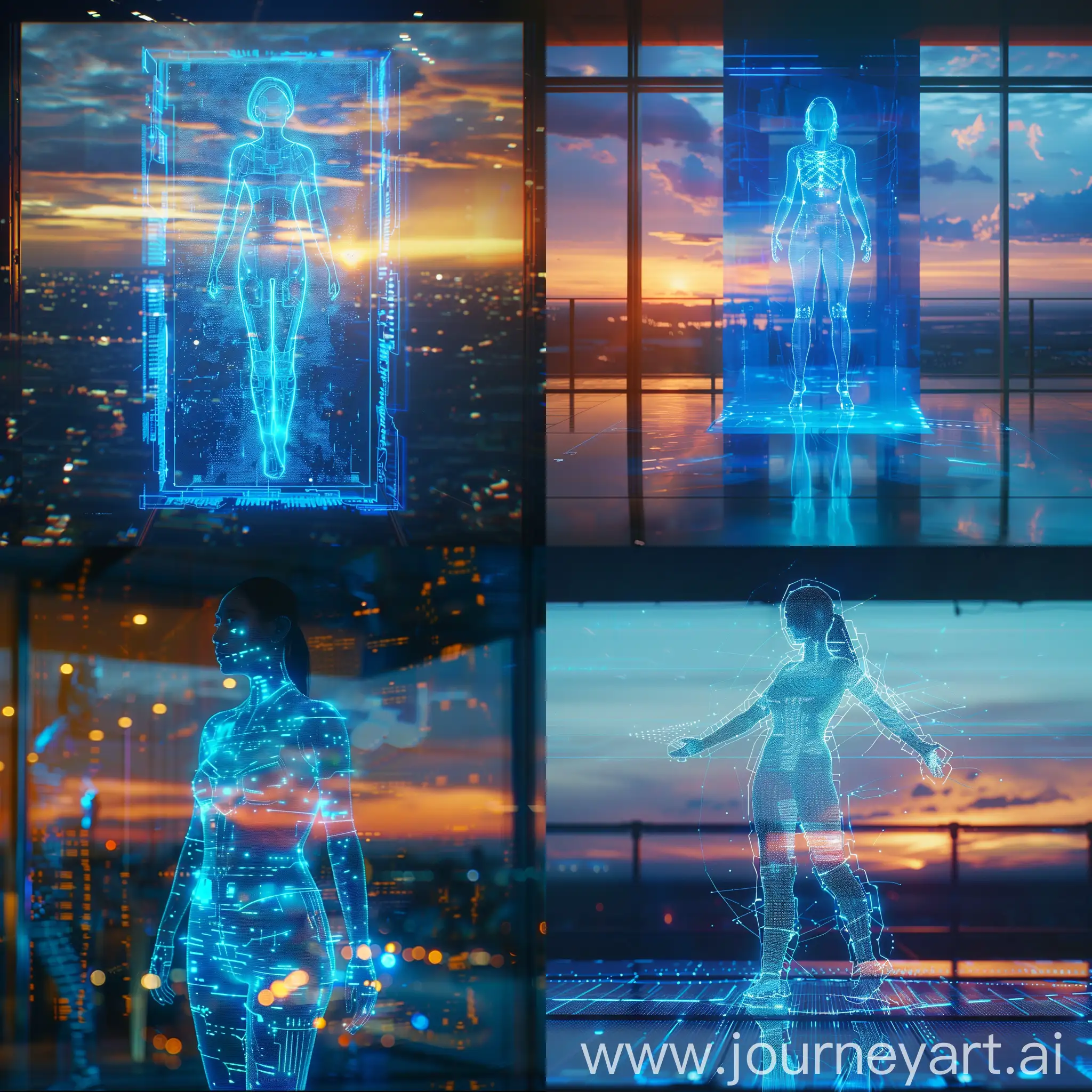 a blue holographic woman display, sunset time, style raw, concept, visuals, futuristic, full view