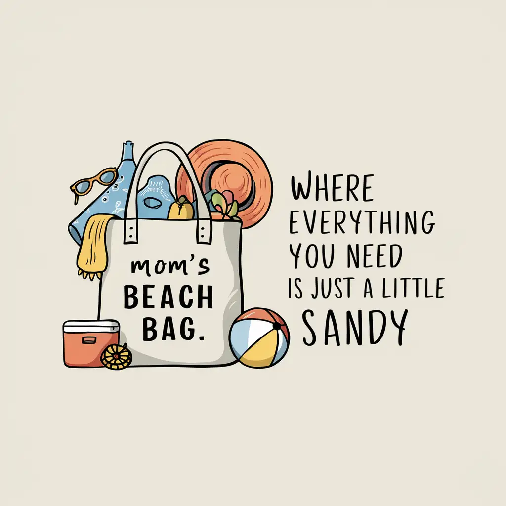 2 flat design in the style of beach vibes with typography text ( Mom's beach bag: where everything you need is just a little sandy )