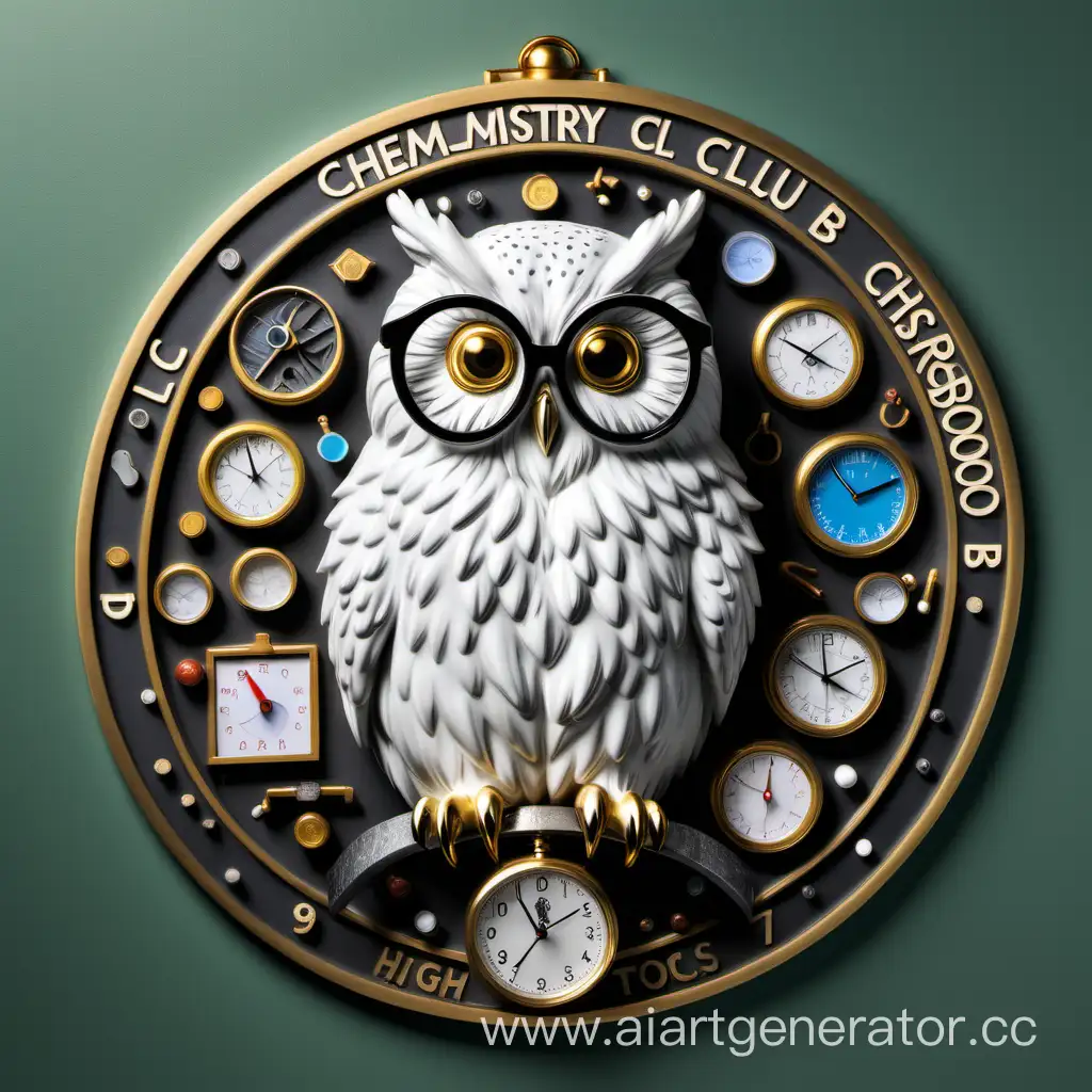 полярная сова
в кабинете химии 
в очках 
медальон 
интеллектуальный клуб гимназии 
с часами 
