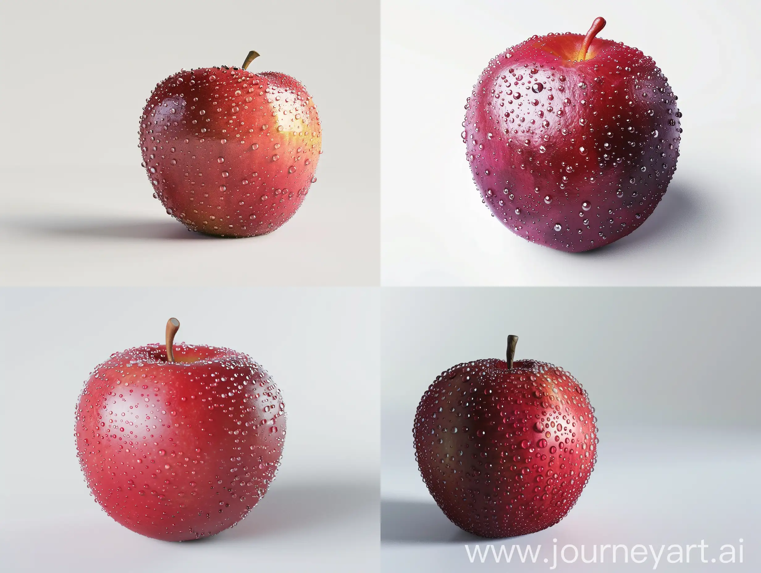 A realistic 3D render of a red apple with water droplets, on a white seamless background --ar 4:3