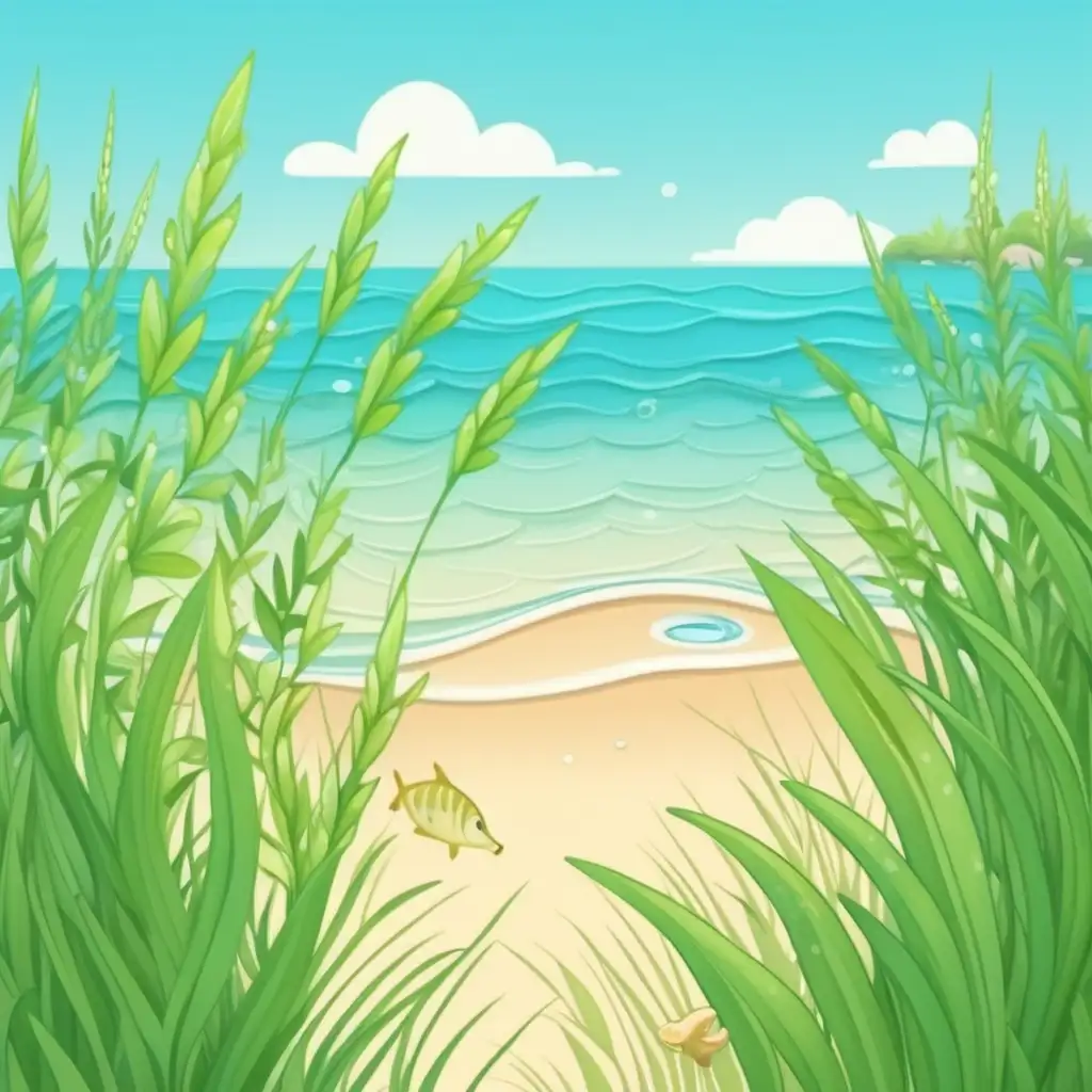 Cartoon Sea Summer Grass Scene with Cute Characters
