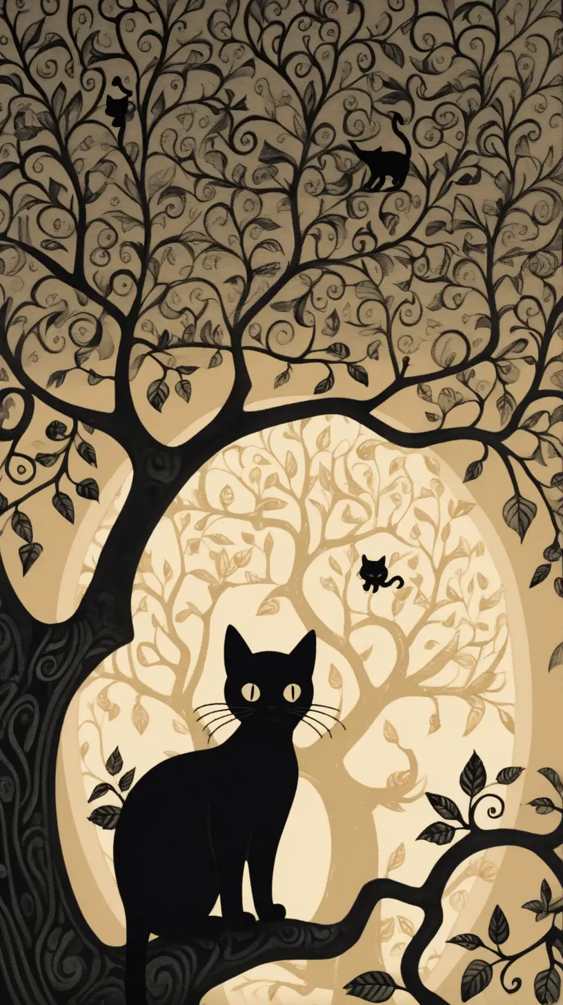 Graceful Black Cat Climbing the Tree of Life