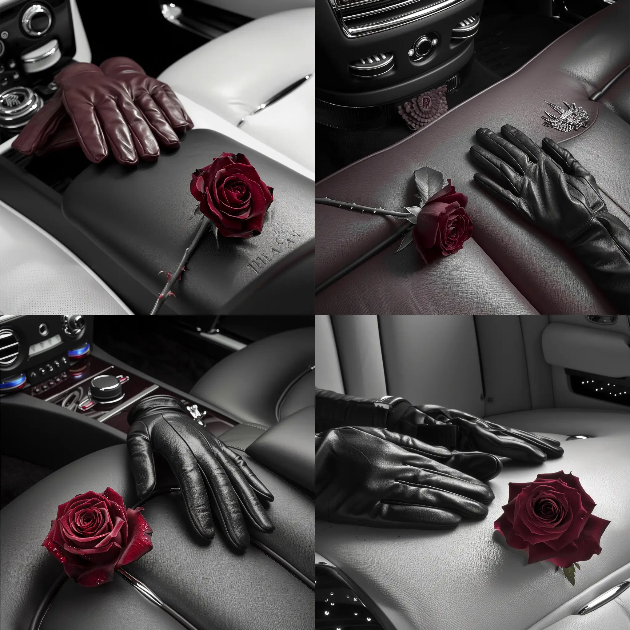 Luxurious-Burgundy-Rose-and-Elegant-Gloves-on-RollsRoyce-Seat