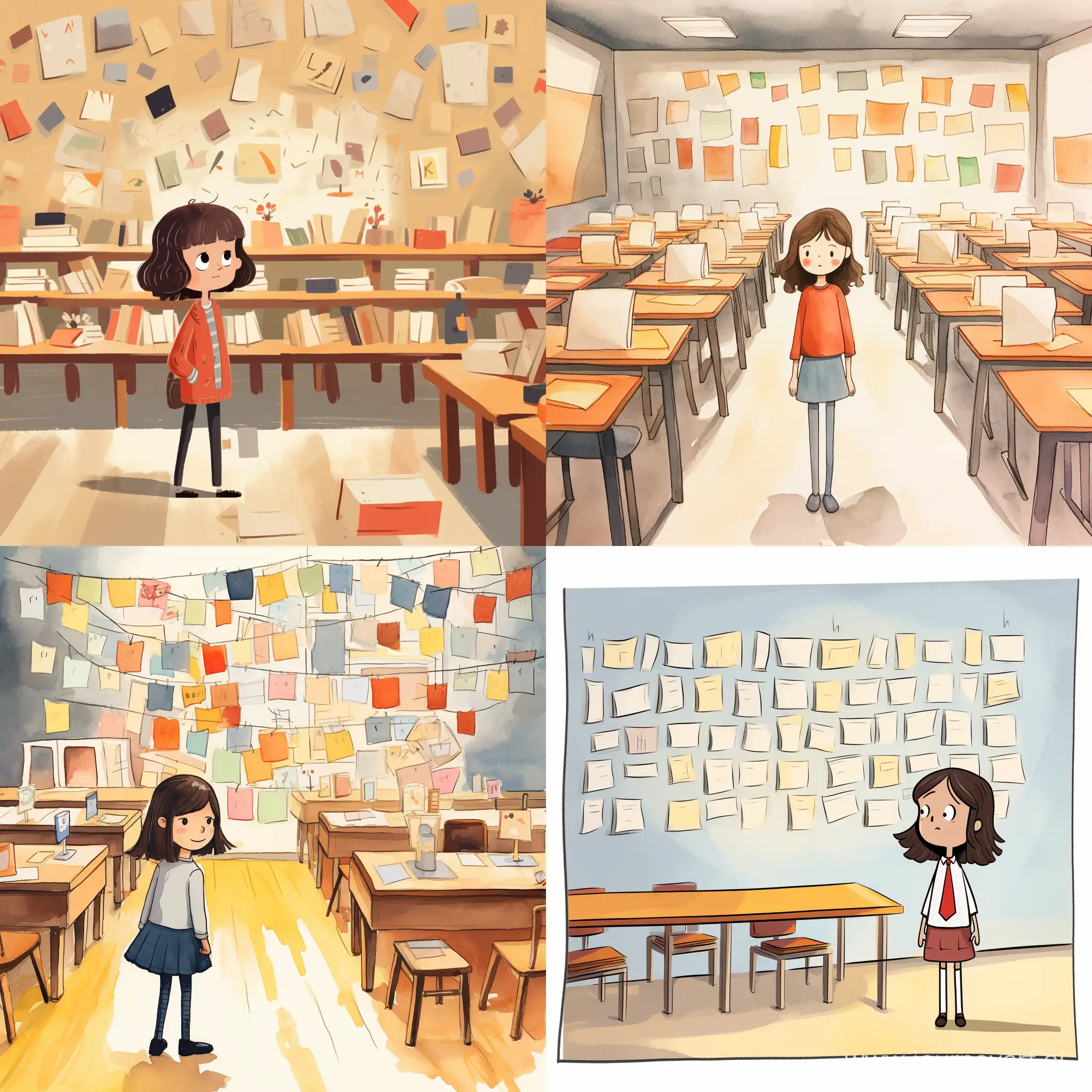 delightful heartwarming sketchbook of a little cheeky girl standing in a modern classroom with two rows of desks that are very cluttered with some papers flying around. The colors are flat and the drawing is very simplistic and childlike, but should reflect style and clothing of the year 2023