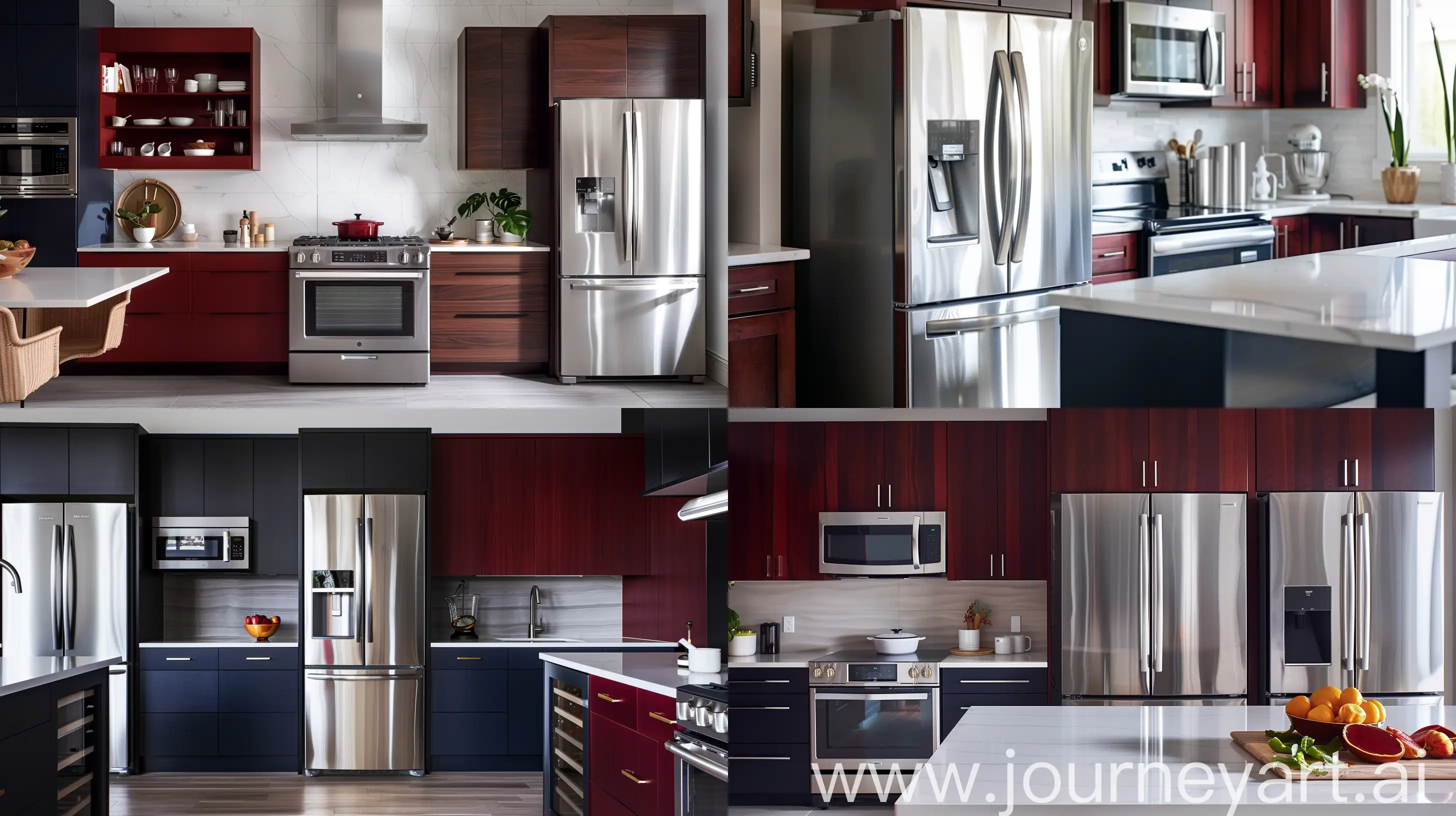 Experience the modern elegance of a gourmet kitchen, with clean lines and minimalist design. Picture sleek stainless steel appliances contrasting against rich, dark wood cabinets. The color scheme blends shades of crisp white, deep navy, and touches of vibrant red. --ar 16:9