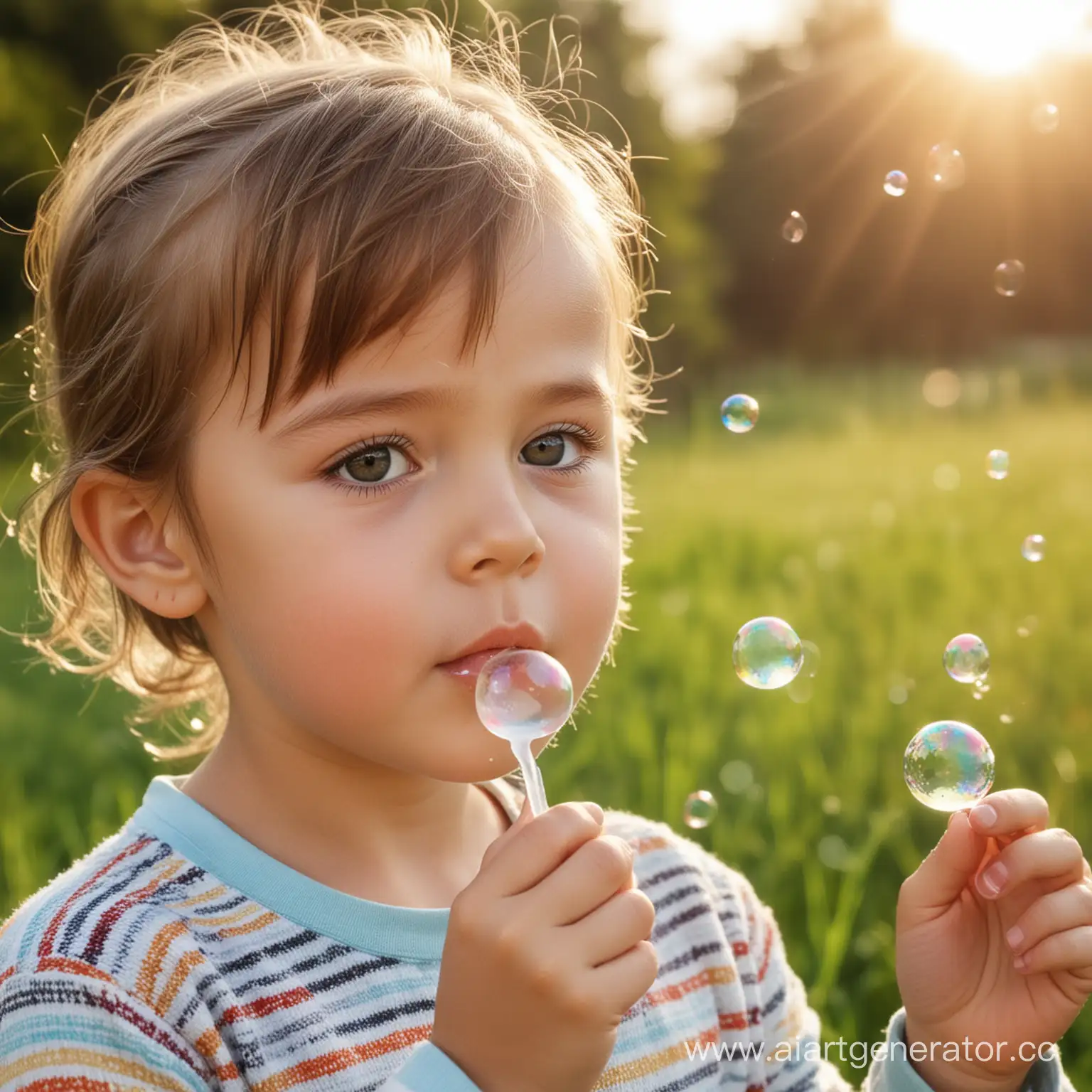 Ребёнок через трубочку надувает мыльные пузыри