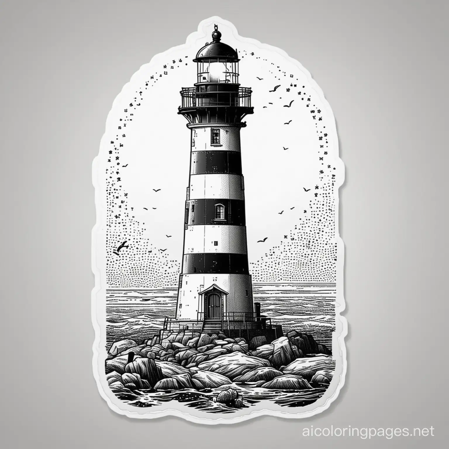 STICKER, ((halftone screen image)) of a lighthouse with a transparent background, Coloring Page, black and white, line art, white background, Simplicity, Ample White Space. The background of the coloring page is plain white to make it easy for young children to color within the lines. The outlines of all the subjects are easy to distinguish, making it simple for kids to color without too much difficulty