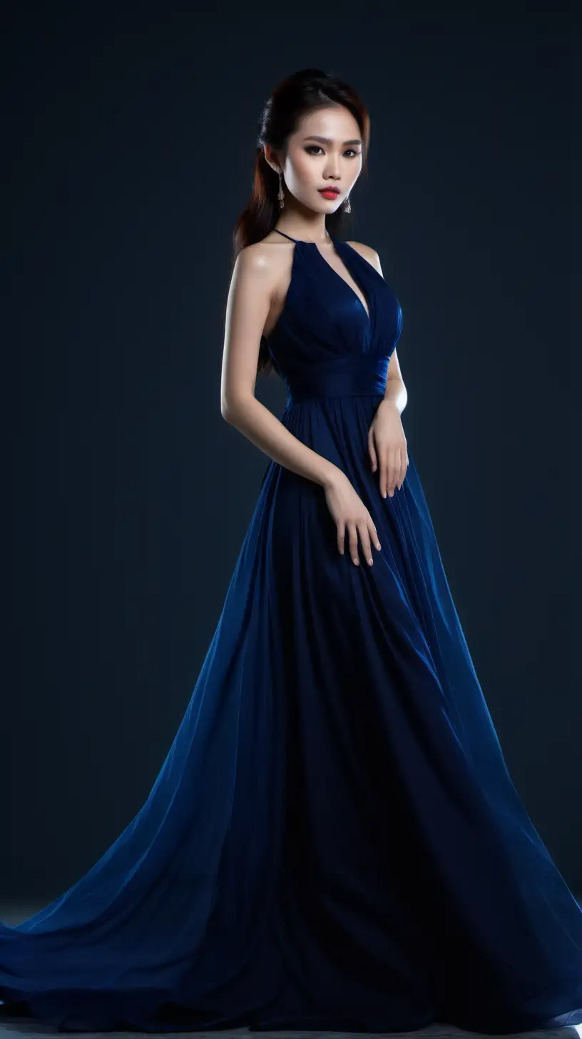 越南漂亮模特女生，穿深蓝色礼服，4k高清，透明背景
