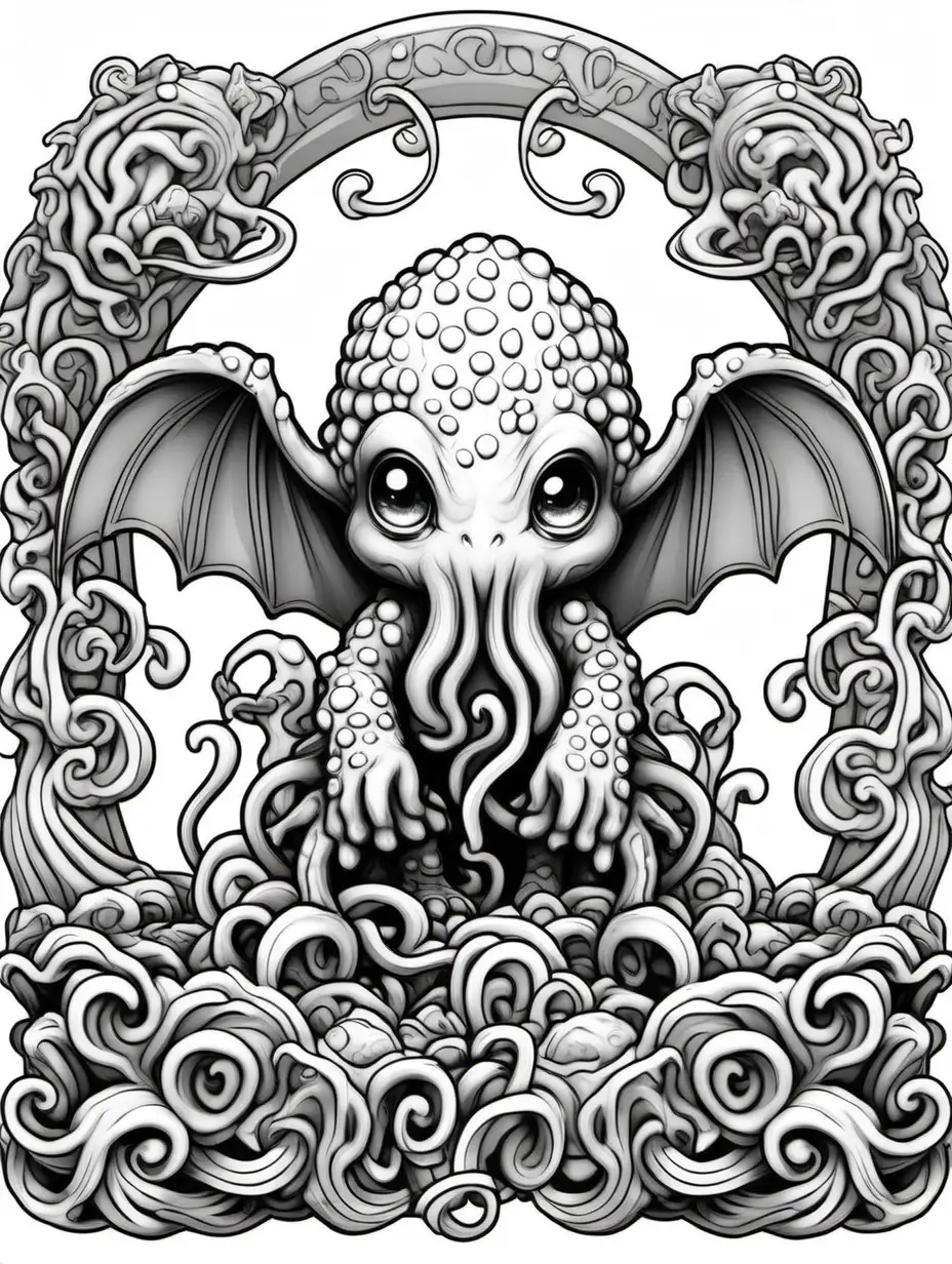 Adult coloring book. Black and white, no shading, no color. Highly detailed 3D cute kawaii chibi cthulhu