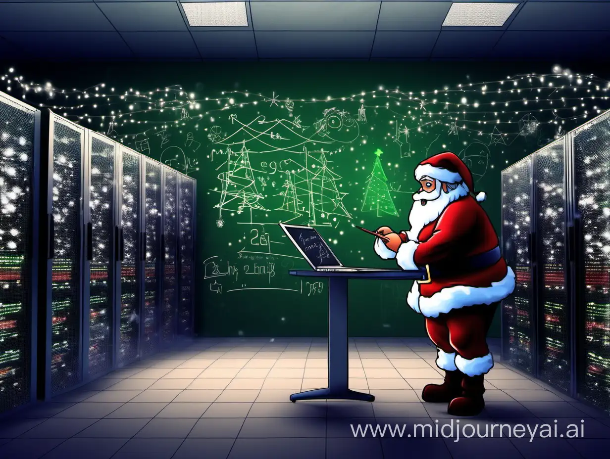 create a pixar style image of santa clause in a data centre, writing equations on a blackboard with a christmas tree with coloured lights in the left of the image