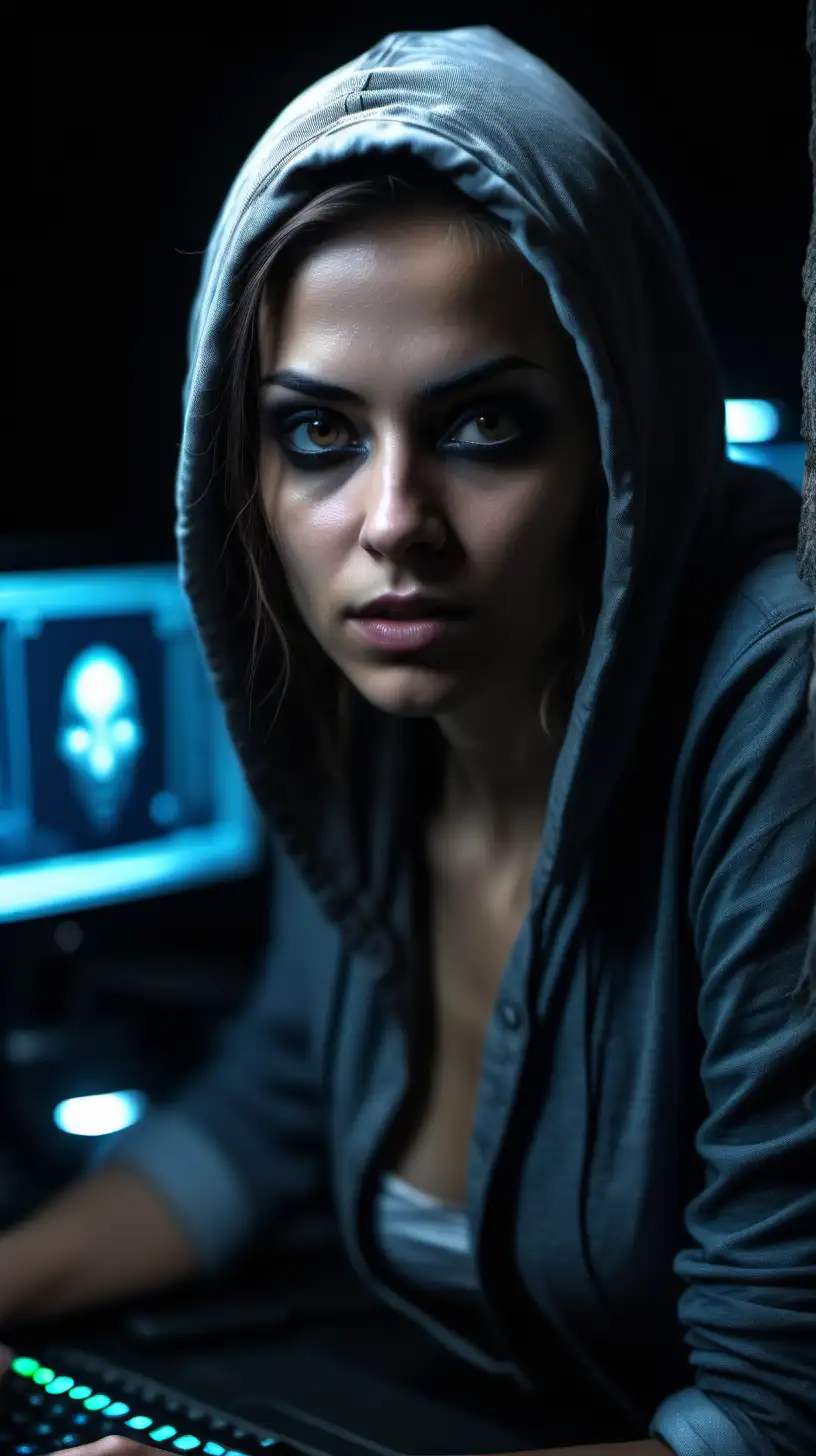 A rogue techy, rebellious, pretty, mysterious woman, in her underground computer area, looking straight at camera, ultra realistic 8k, dark background