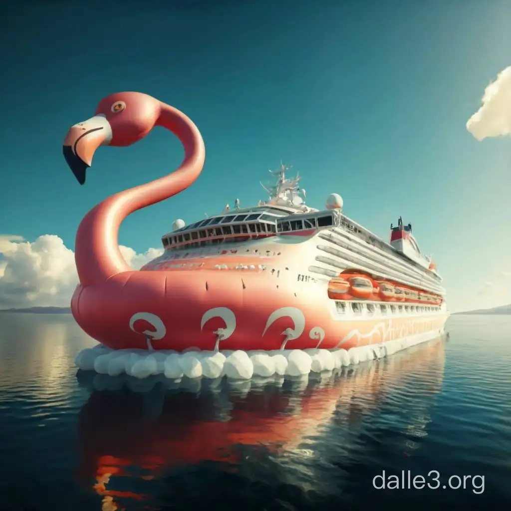 inflatable flamingo in the form of a cruise ship floating on the water,high resolution, high quality