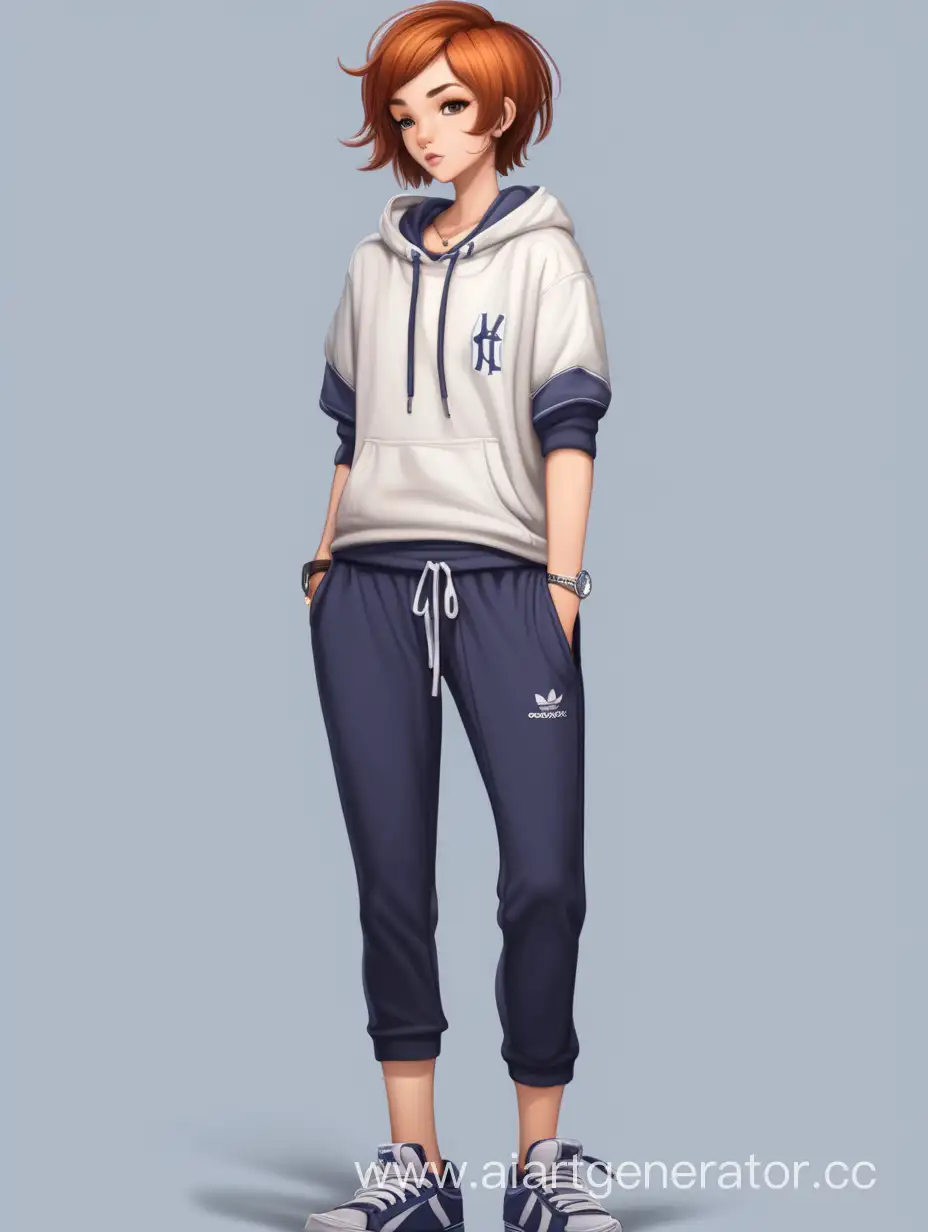 A tomboy, with curvy fit body. She should be sporty and with a casual baggy look, the hair is short cutted into a bobcut