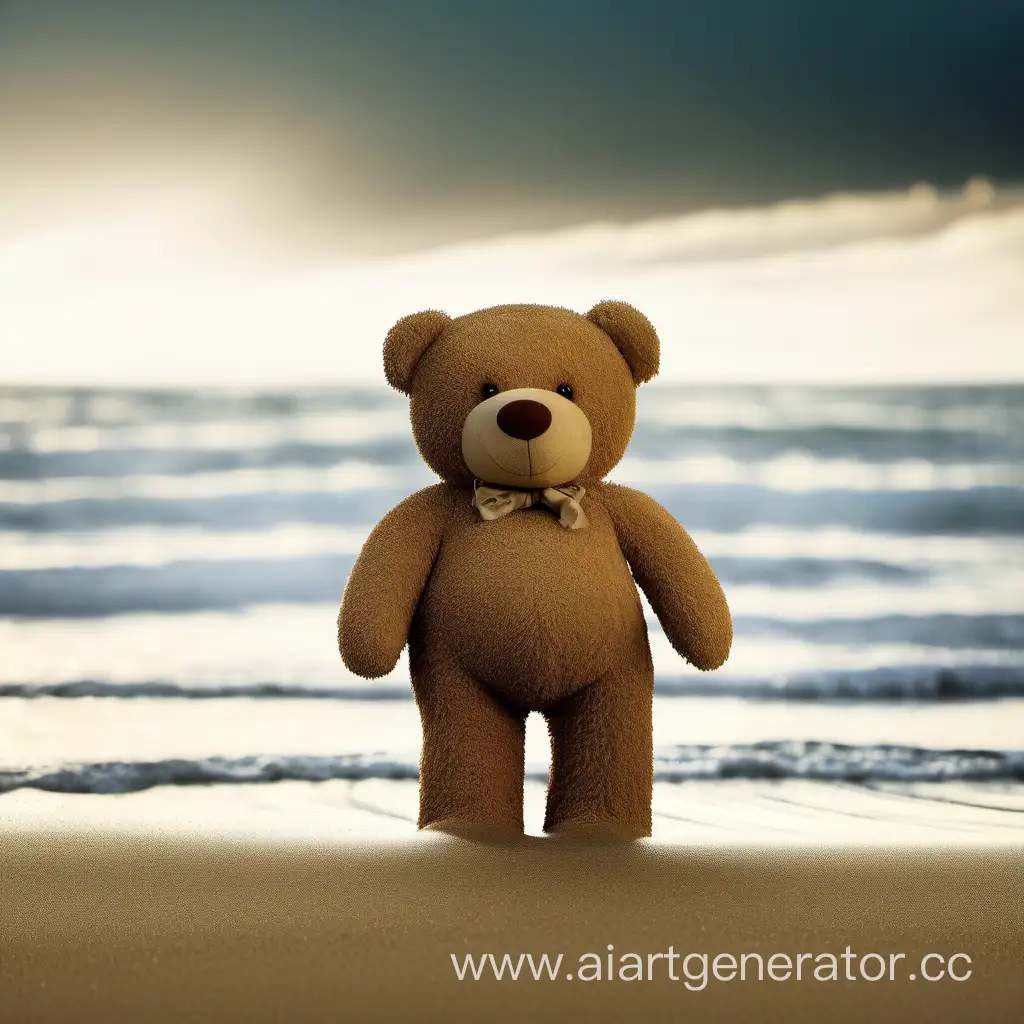 Big Nice Teddybear in the beachsand water far in the background