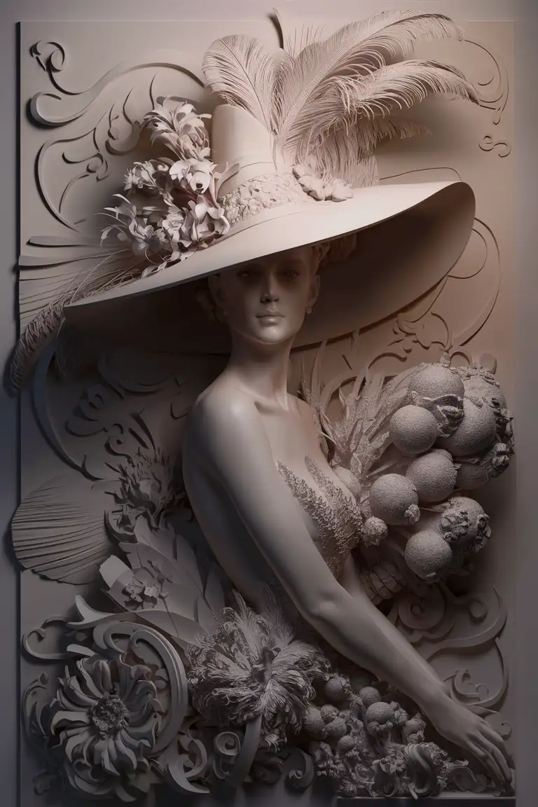 basrelief sculpture of woman in hat and 3D elements