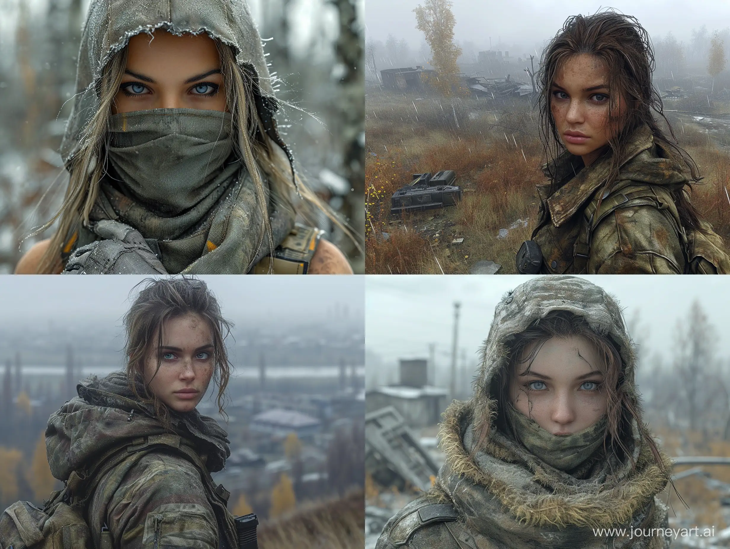 Beautiful female mercenary in videogame S.T.A.L.K.E.R tactical equipment dead city dead trees --s 800 --style raw --v 6