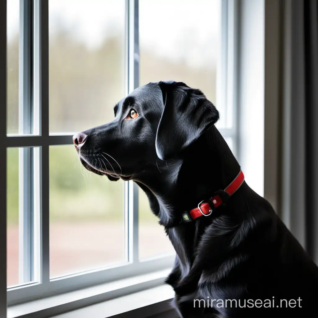 Black Labrador retriever dog staring out of a window