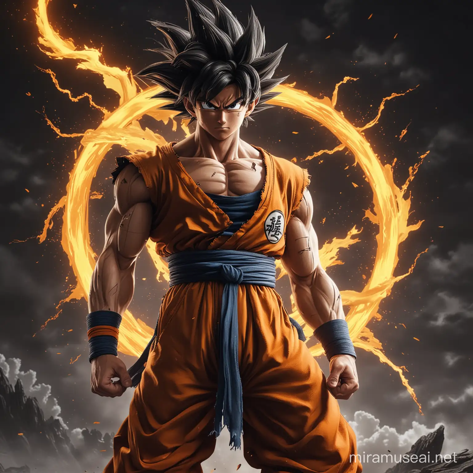 Son Goku stands after several battles, logo, behind him the dragon Nova Shinron, torn clothes, lightning frames, invisible background، 4k, détail 