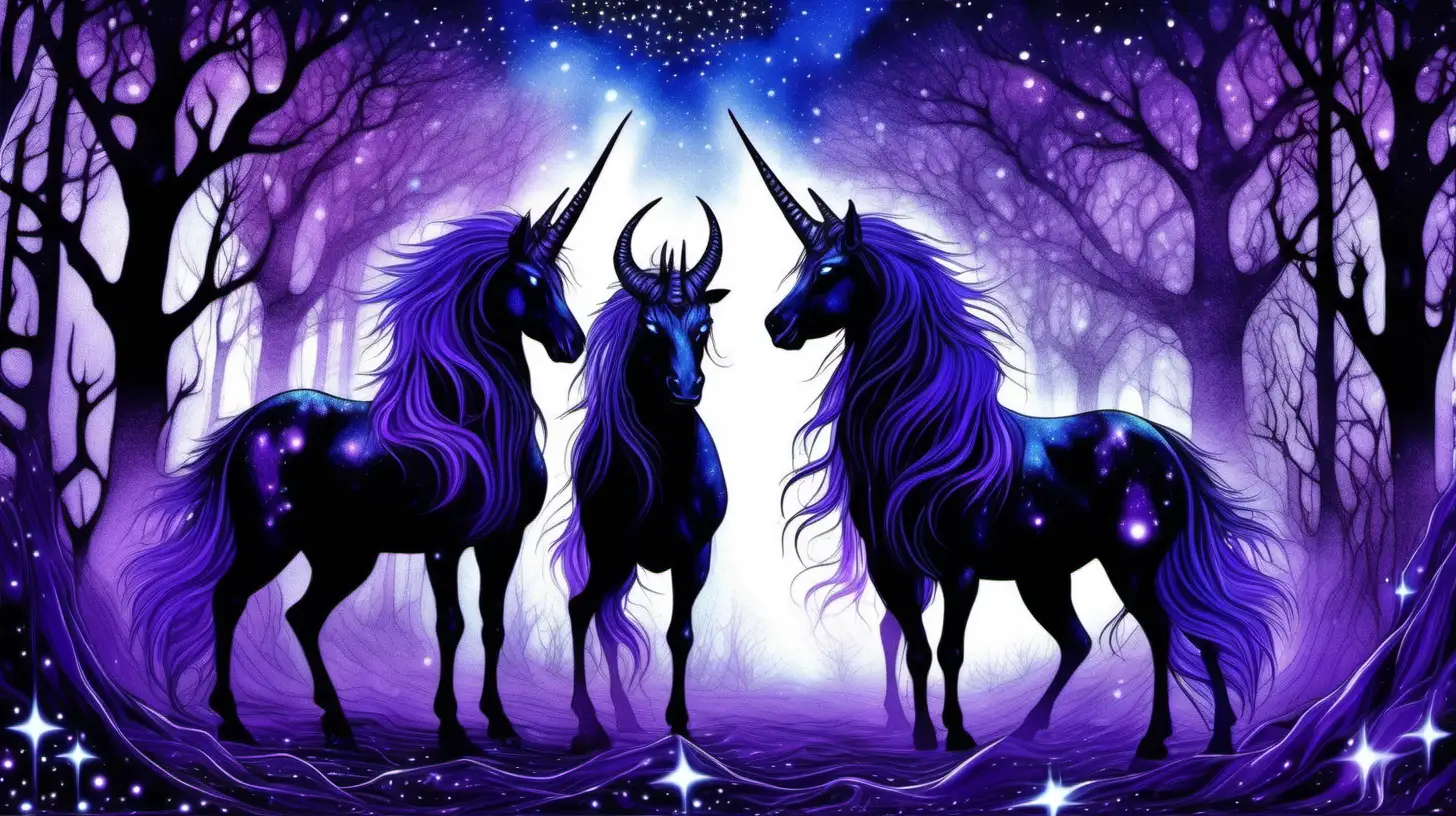 two beautiful black unicorns, with glowing horns their coats and manes shining with stars and the universe, one male and one female, glowing horns, similar to Sue Dawe artwork in a shadow laden dark gothic magical realm  magical forest with various shades of purple, blue and black desolate landscape
