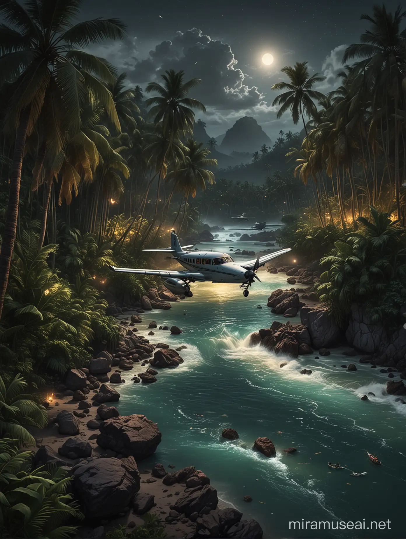 Nighttime Plane Crash into River on Tropical Island