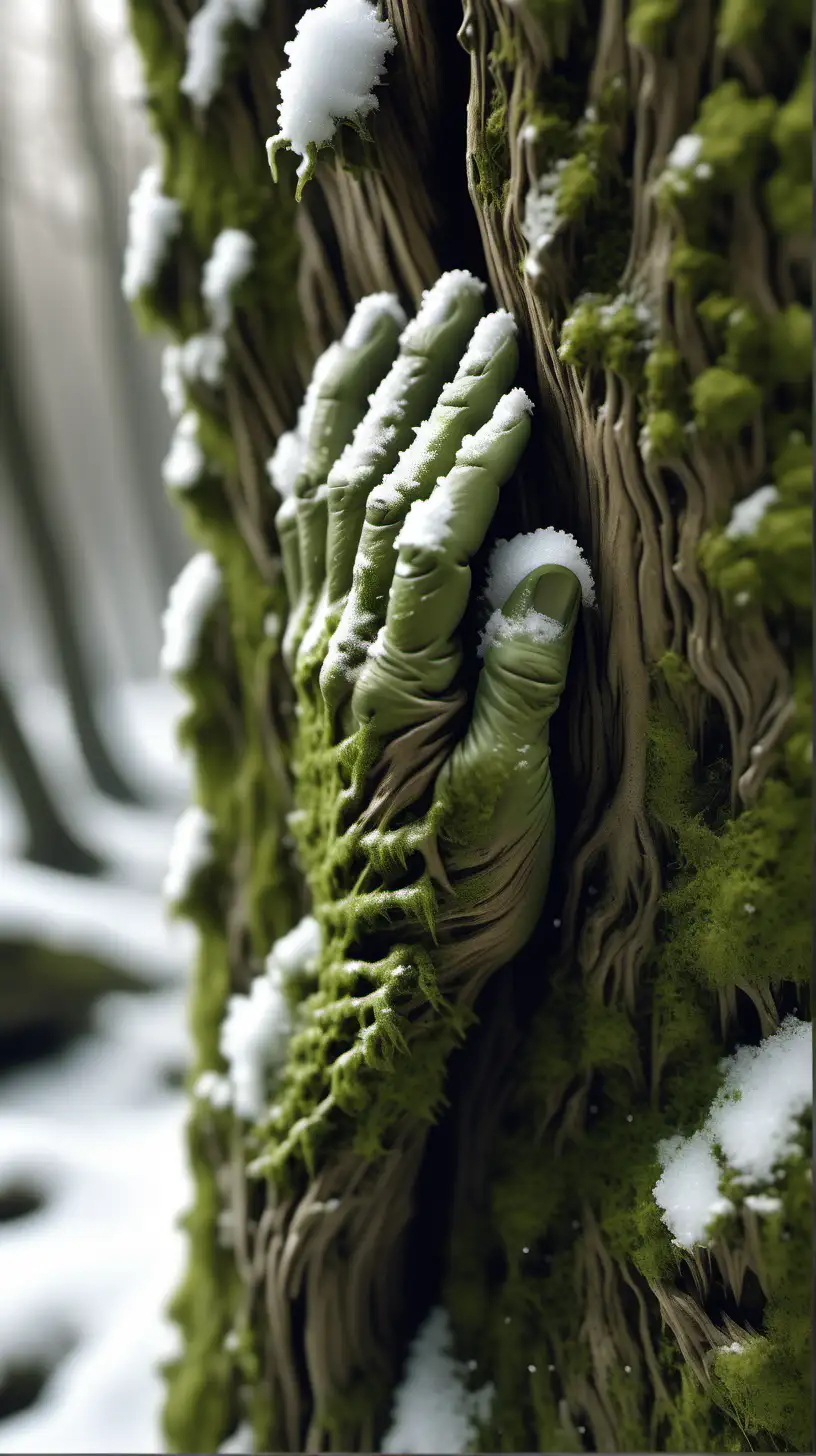 Macro photo realistic of tree barch, ultra hd, detailed, snow, wet surface, print of a hand in the batch, moss covered