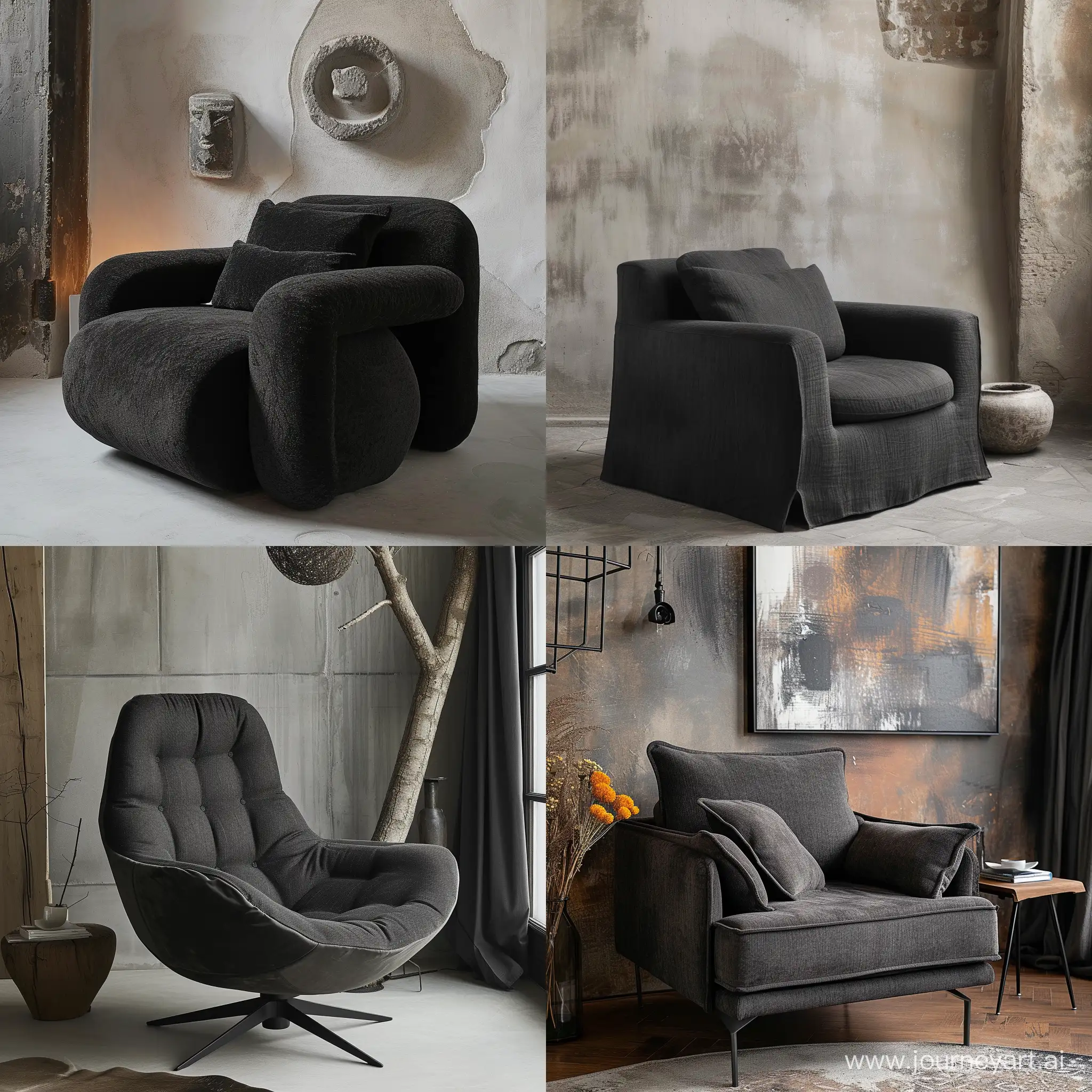 необычное кресло в современном стиле,  мягкая ткань, черное, ваби саби, стены лофт
