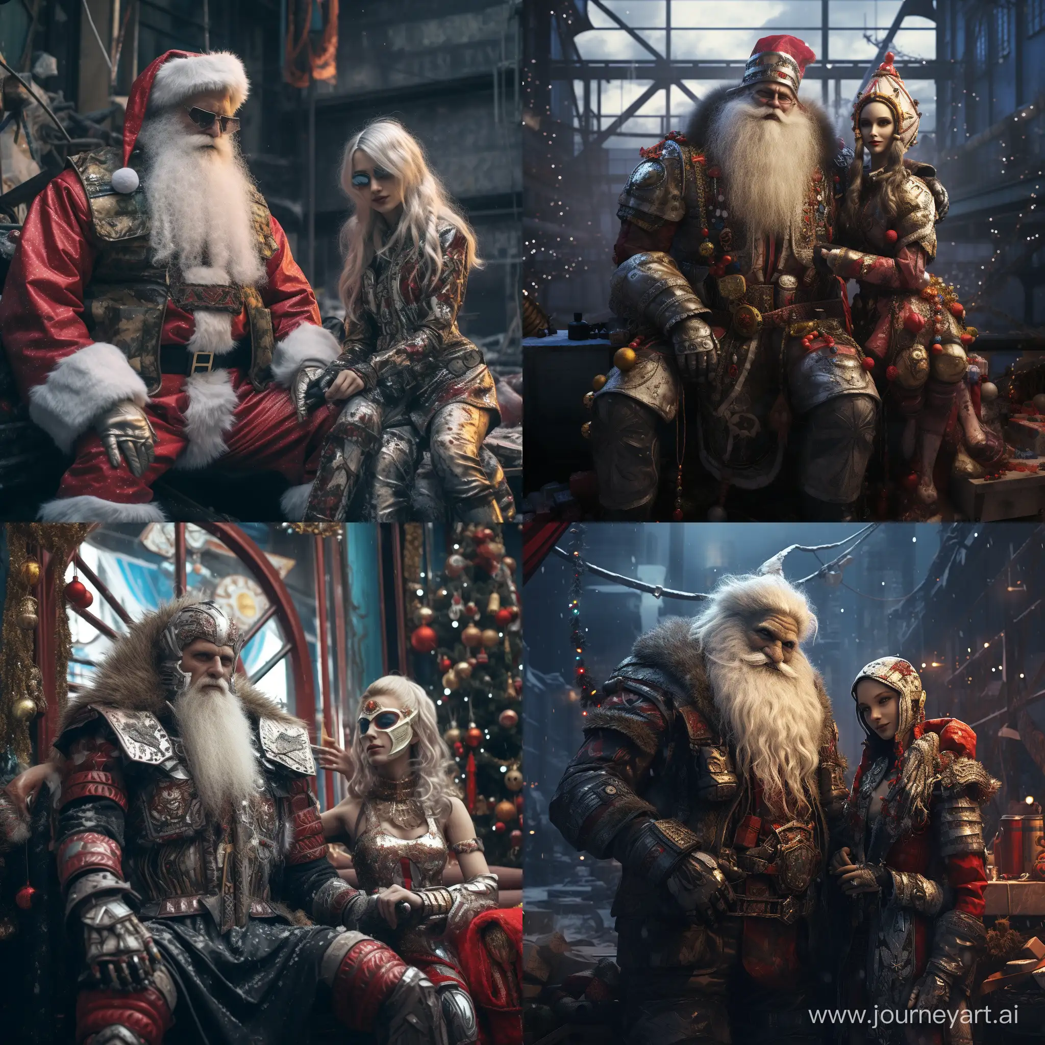 Дед Мороз и Снегурочка, одетые в стиле киберпанк, привезли подарки к странно наряженной новогодней ёлке стоящей в постапокалиптическом городе. высокохудожественный арт.