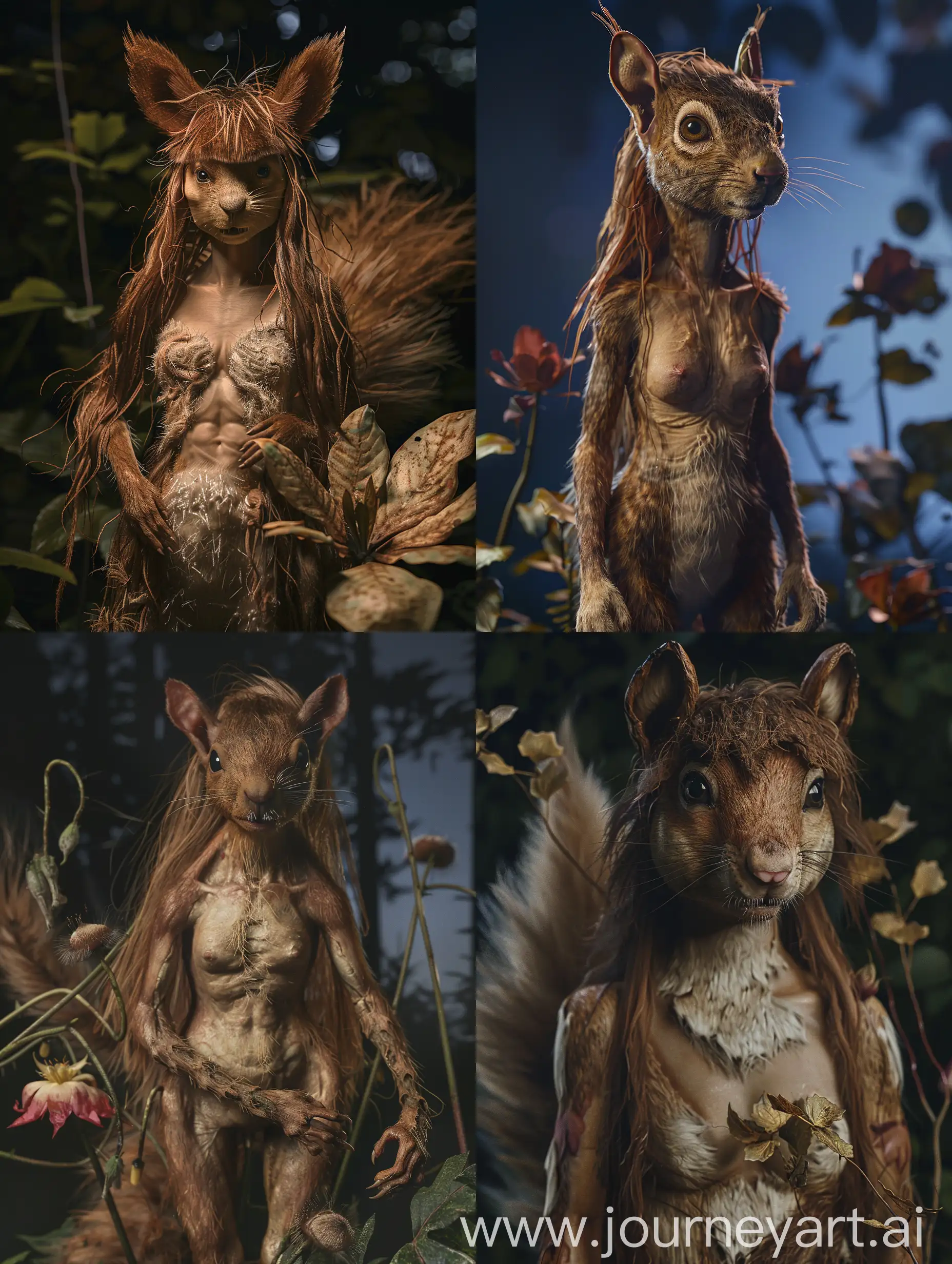 A squirrle. She has loose brown hair, a human face and a chest. She has ears, fur and a tail. She is standing in a forest at night. She has paws for feet. Realistic photograph, full body picture. She is as tall as a flower.
