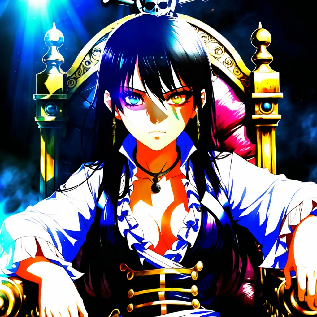 anime girl, pirate king, throne, black hair, multicolored eyes, aura