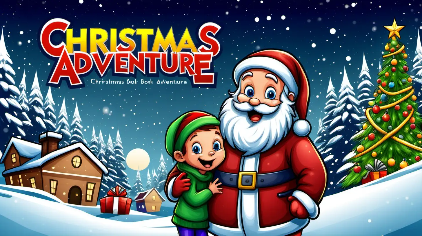 design a cartoon childrens book cover. title "Christmas Adventure"