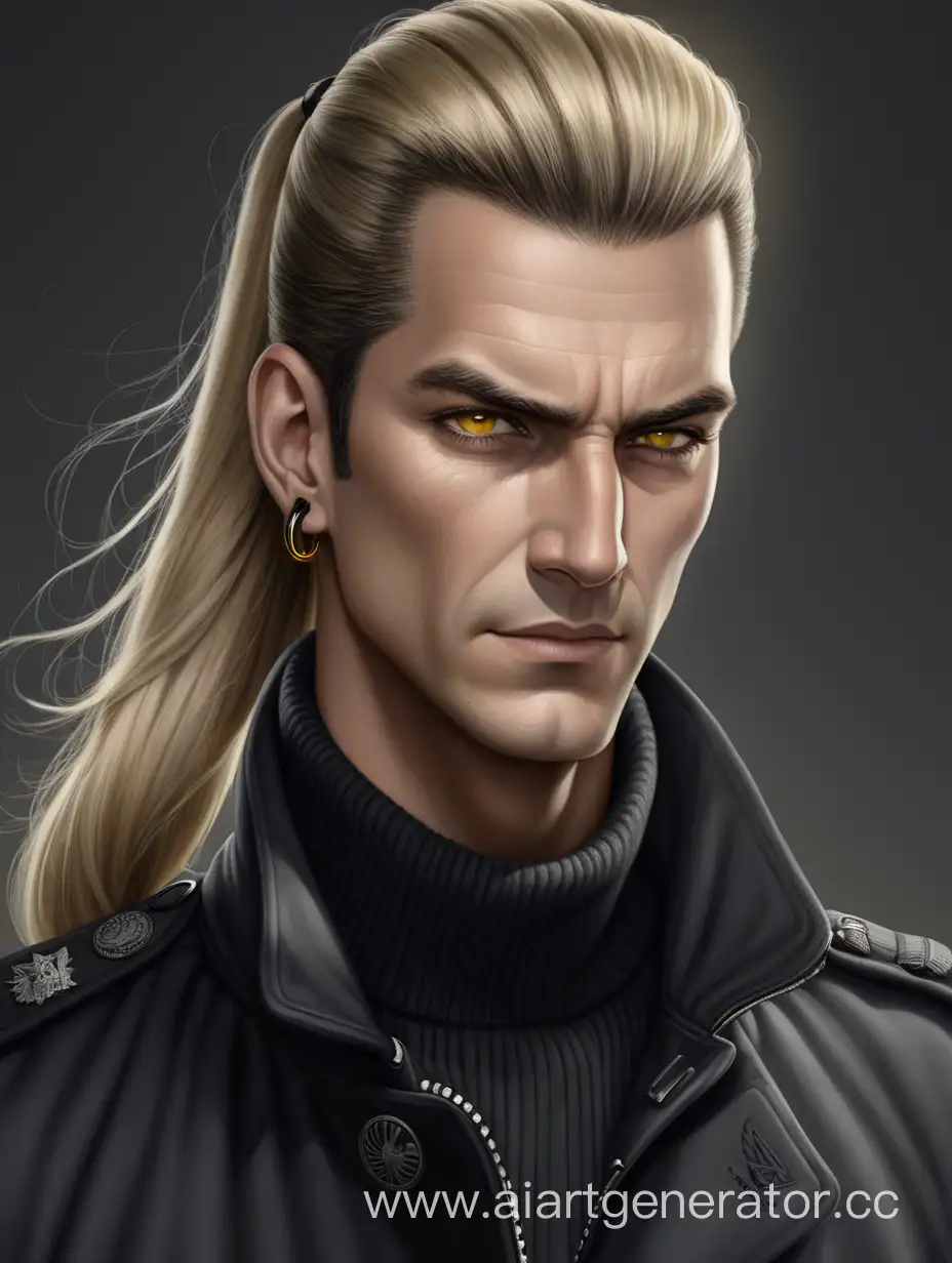 a middle age man; 192 cm; athletic frame; long blond hair tied into ponytail; yellow eyes; bristle; black ring-like earrings; dark pullover; black jeans; military boots; dark grey coat 
