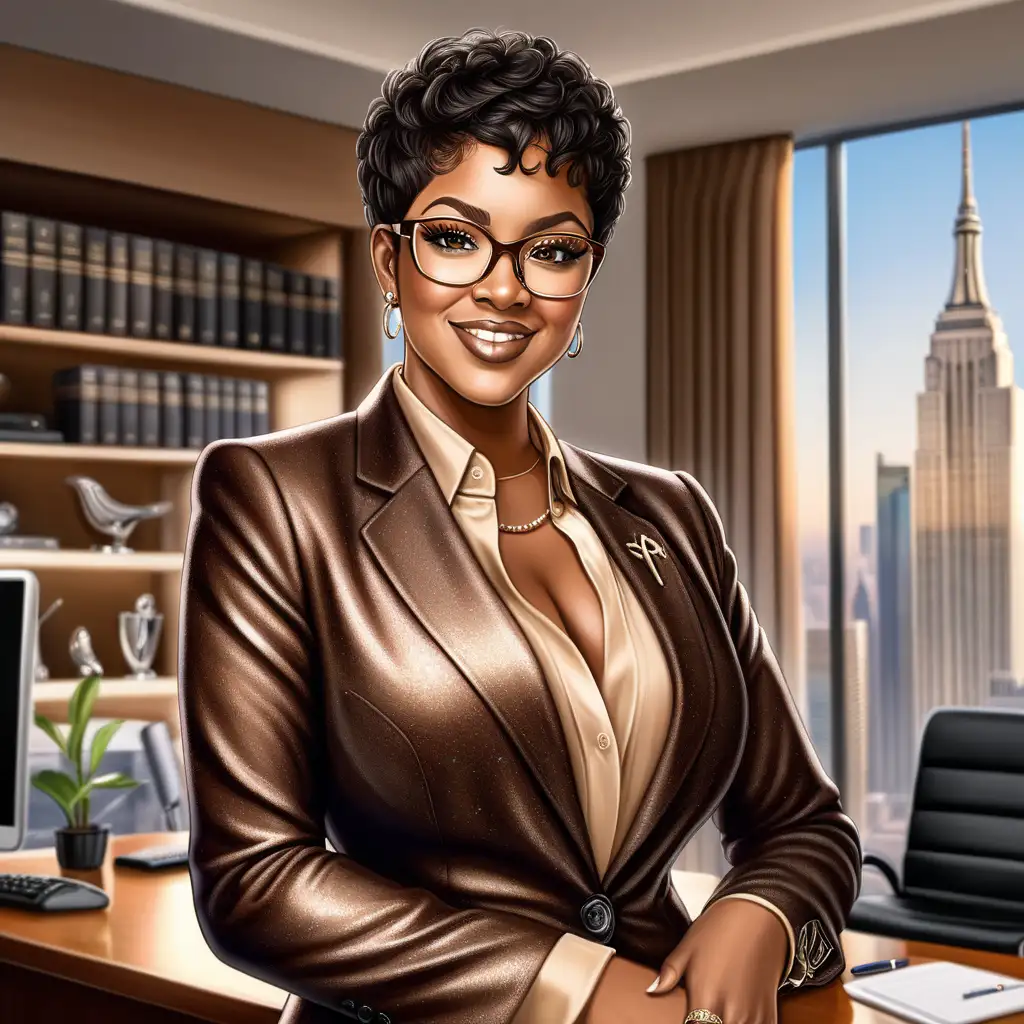create an airbrush illustration of an thick light skin african american thick woman beauty with luxurious glitter makeup, she has a beautiful light black hair colored very short  pixie haircut hairstyle, she is flawlessly dressed in a chocolate brown colored tailored classy suit, with cream shirt, she wearing bronze glasses, she looks like a rich CEO, seductive smirk on her face, bougie diva vibes, standing in her high-rise office with lavish decor & panoramic windows, her full body is showing. She is fully dressed standing in her office, 

