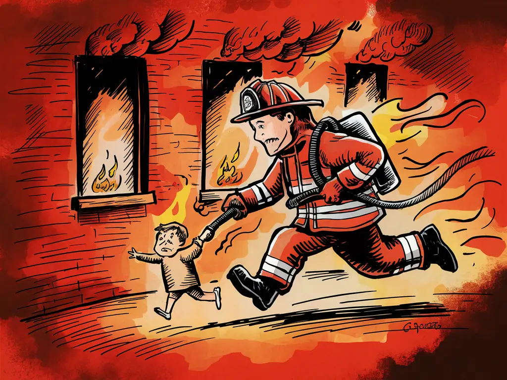 消防员跑进火灾的楼里救孩子 马克笔画画