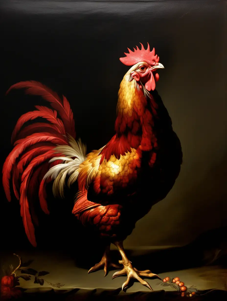 18th century painting style of red and gold chicken against dark background 