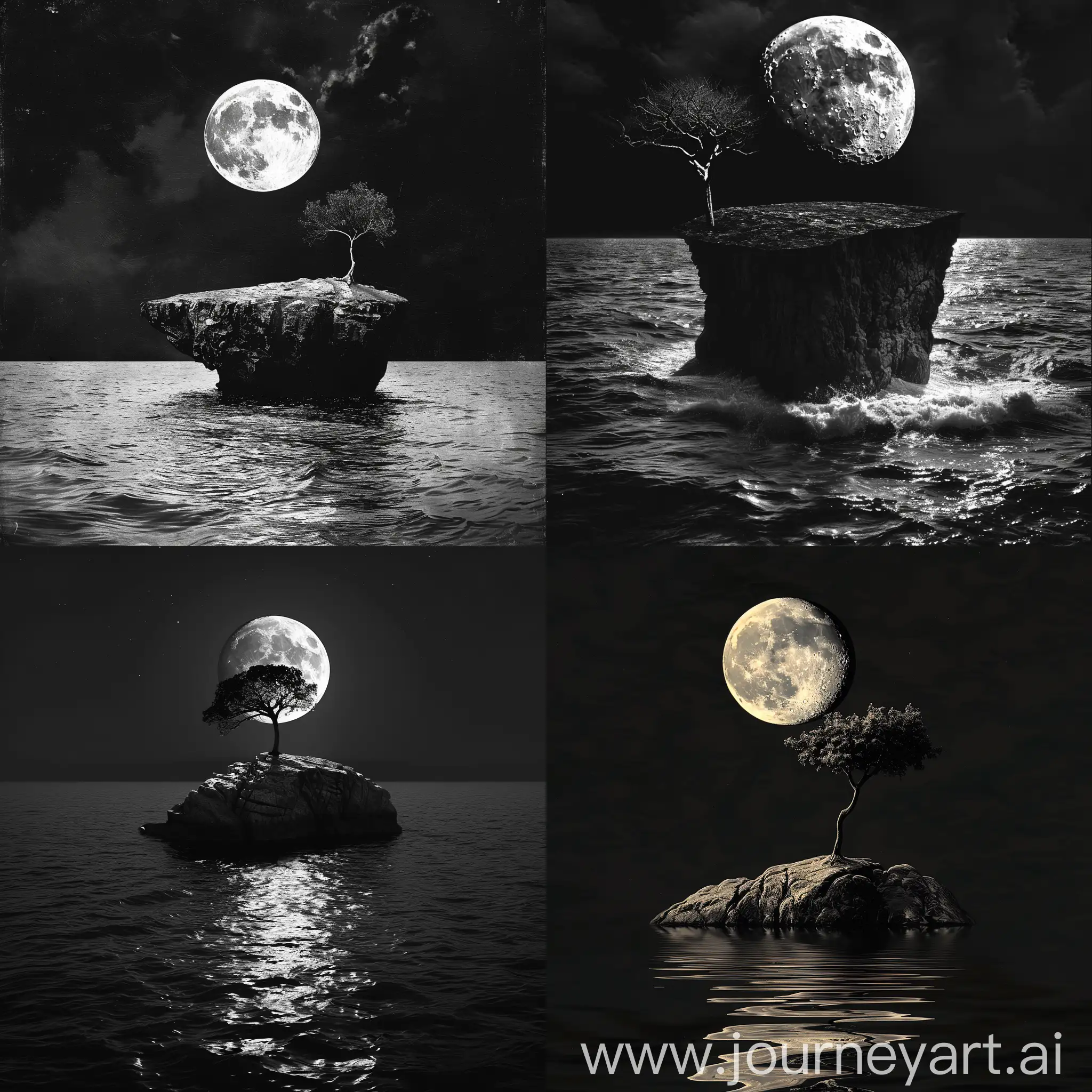 Lonely-Tree-on-Po-Island-Moonlit-Seascape-in-Monochrome