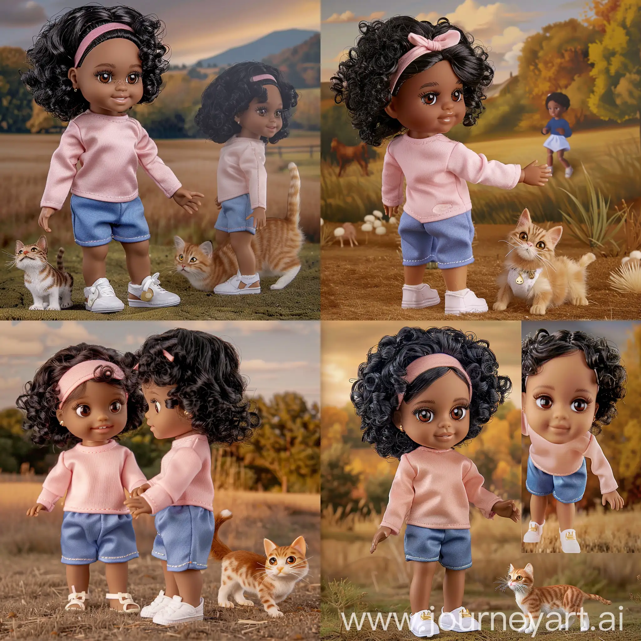 Create a 4-year-old black girl named Mia Brown - Description: big brown eyes, medium curly black hair, a well-structured face - Outfit: no earrings, pink headband, long-sleeved plain pink shirt, blue shorts no pockets, white doll shoes - Style: Whimsical and Playful- Multiple Poses: Front view, Side view, Back view - Action:  playing with a friendly cat in a field