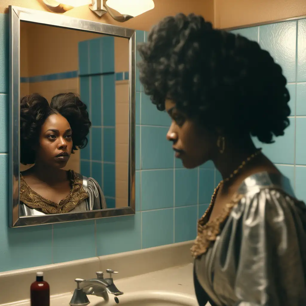 In the same frame, we see a regular young black woman dressed in regular clothes look at herself in a dingy motel bathroom mirror and sees the reflection of a regal confident medieval Queen